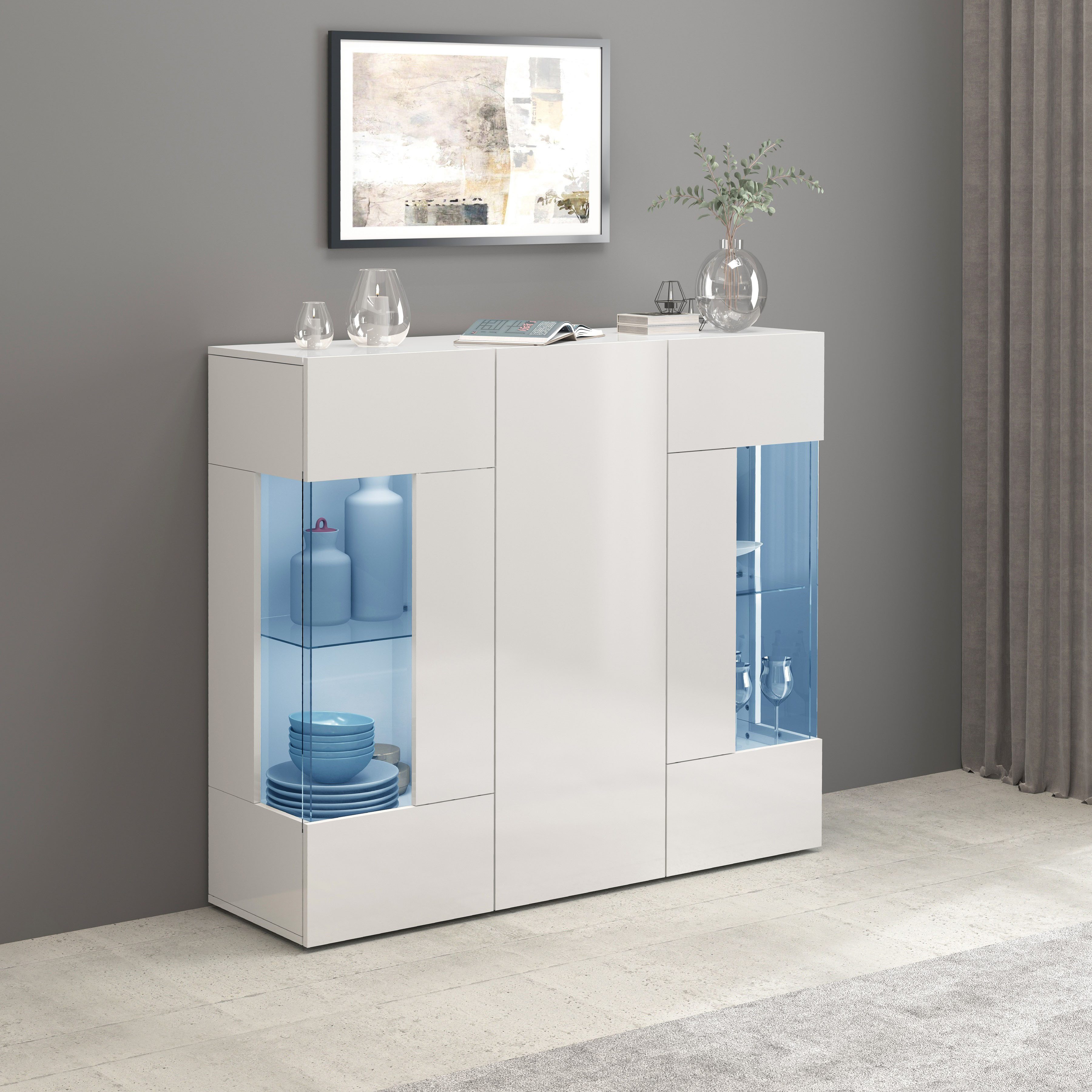 INOSIGN Highboard Egypte, Highboard, Hoge kast, Hoge ladekast, Vitrine met 3 deuren waarvan 2 met glaselement, volledig hoogglans gelakt, breedte 135
