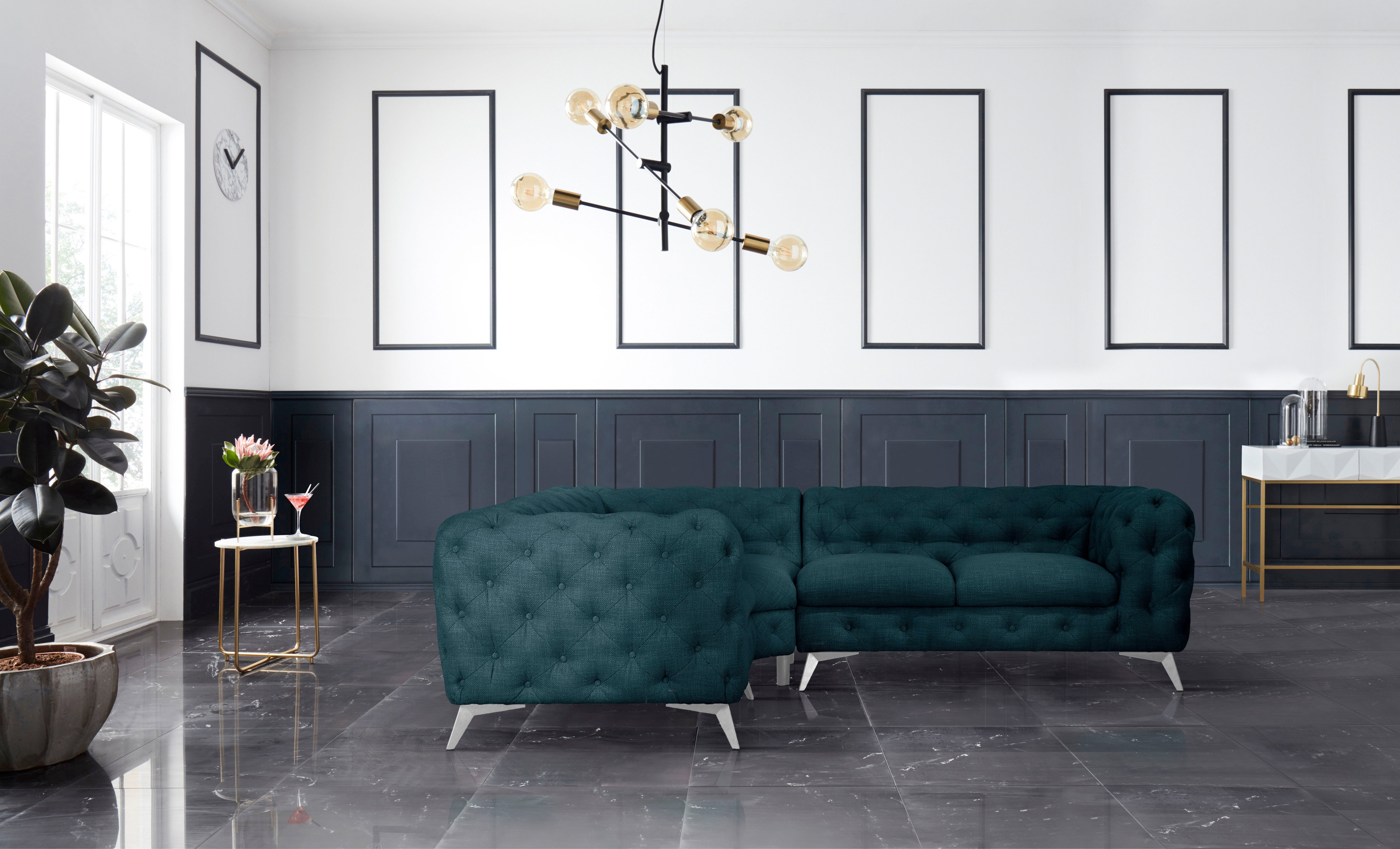 Leonique Chesterfield-bank Glynis L-vorm luxueuze capitonnage, moderne chesterfield look, kleur van de poten ter keuze