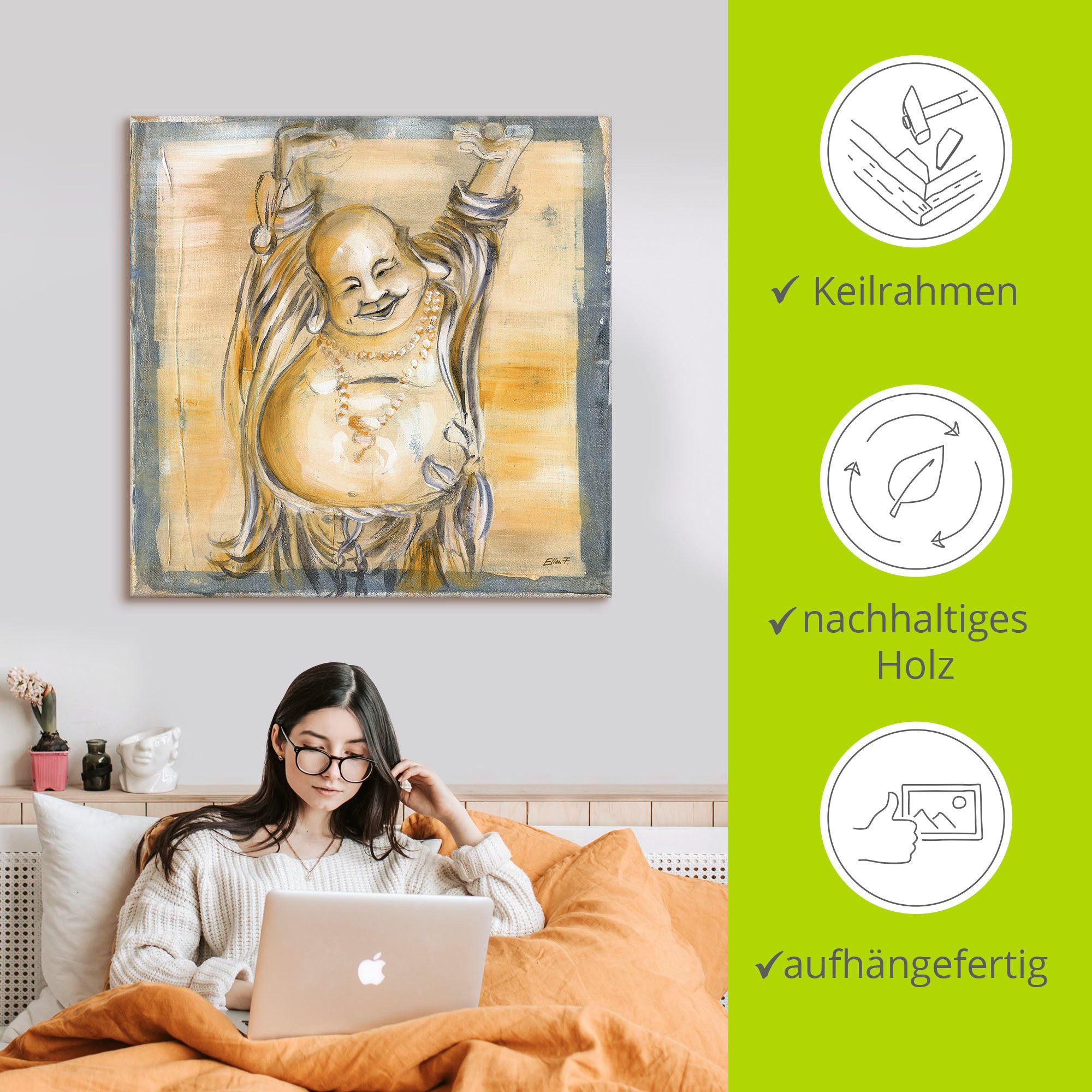 Artland Artprint Vrolijke boeddha II als artprint van aluminium, artprint voor buiten, artprint op linnen, poster, muursticker