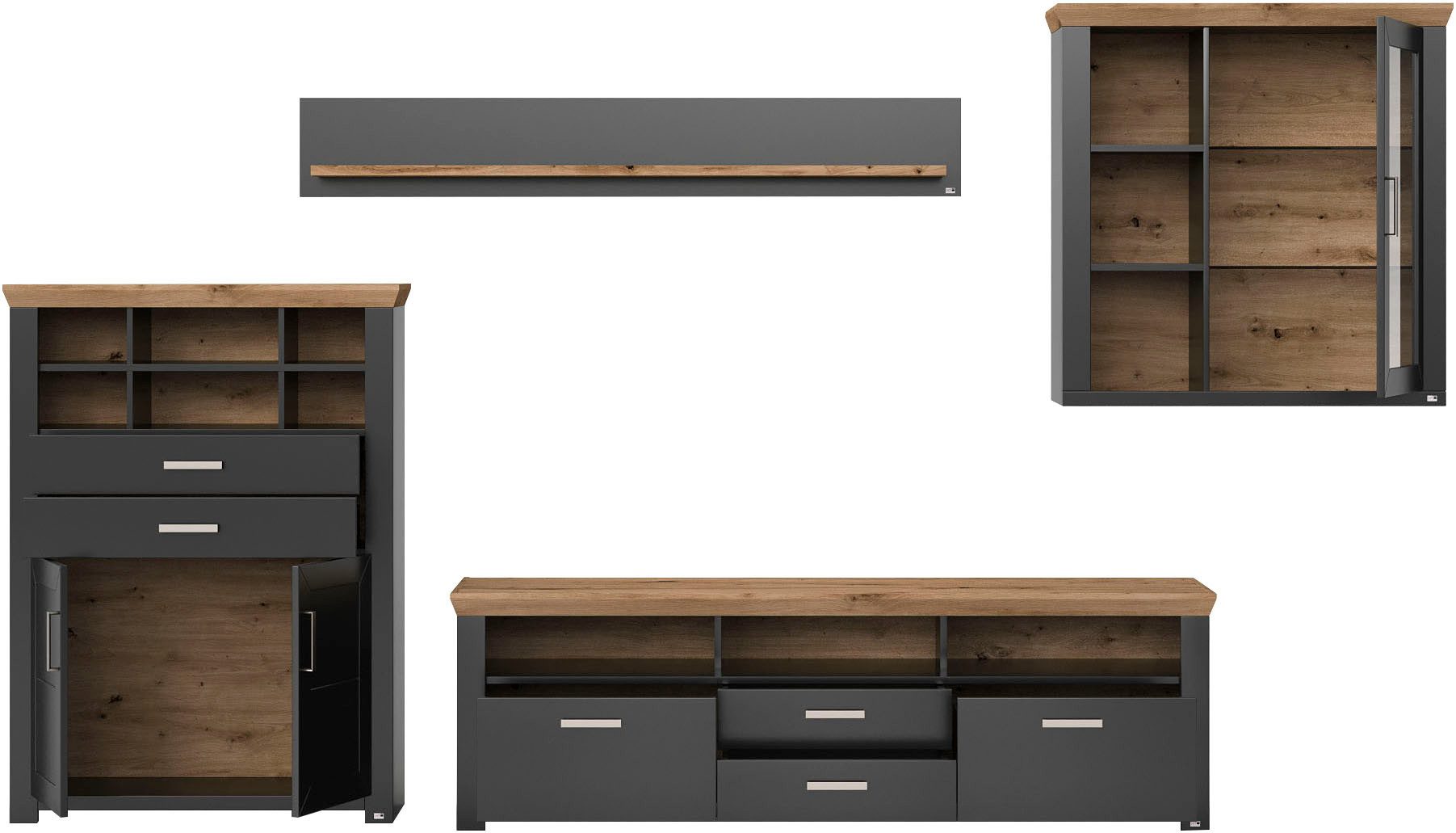 set one by Musterring Wandmeubel York Combinatie 11, in 3 kleurvarianten, totale breedte 374 cm (4-delig)