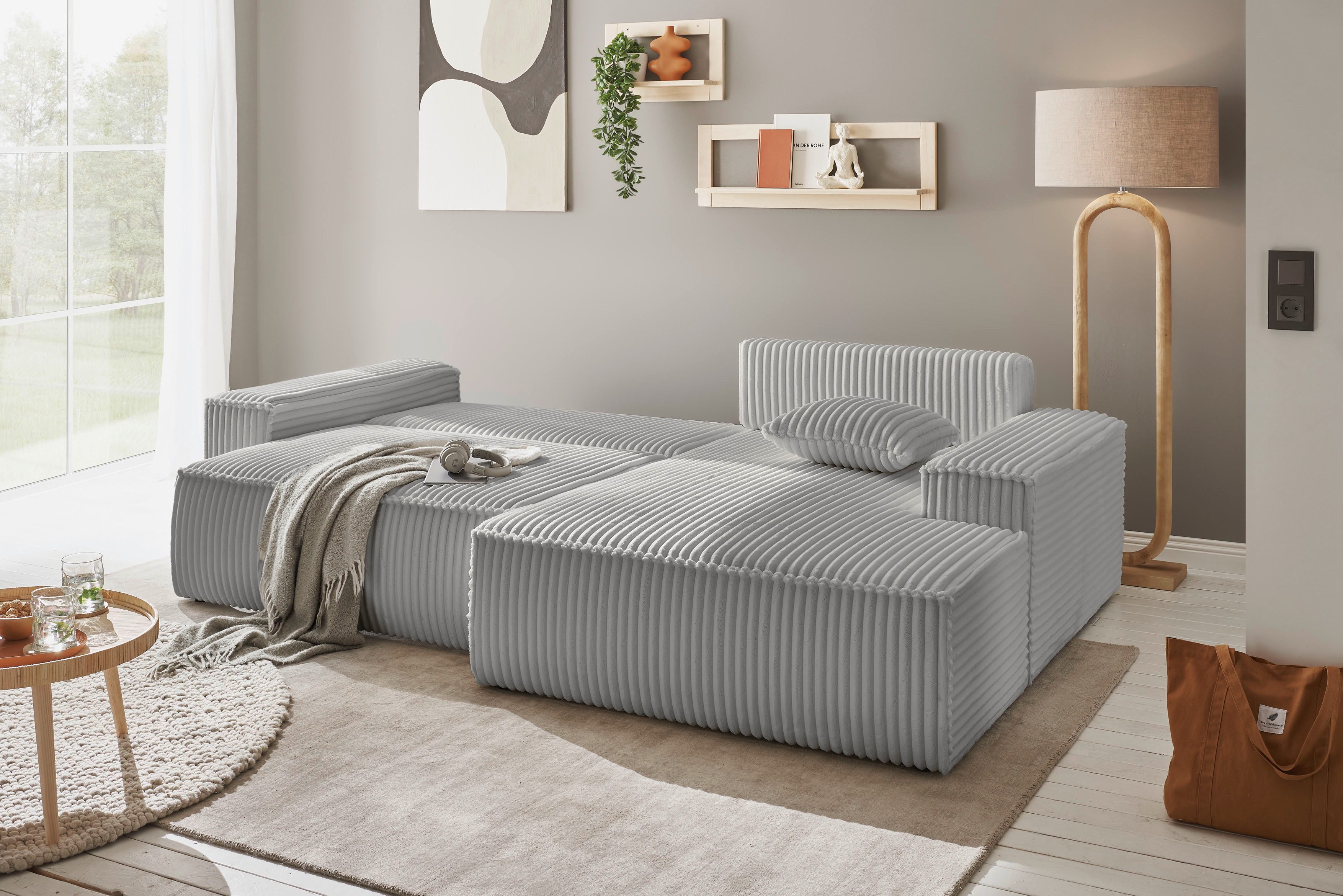 andas Hoekbank Finnley slaapbank 267 cm in Bouclé, fijne structuur en cord, L-vorm