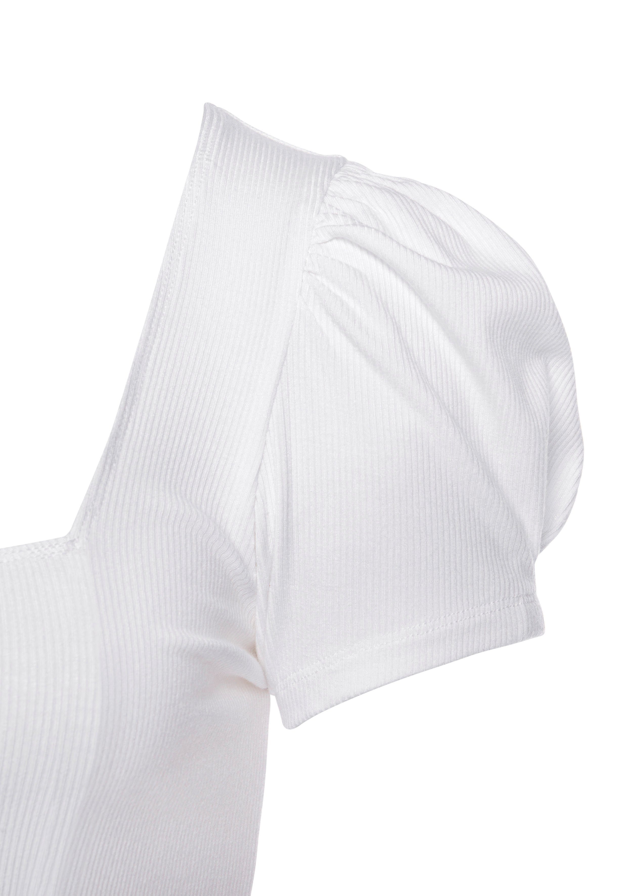 Lascana Shirt met korte mouwen van geribbelde stof, t-shirt met lichte pofmouwen, casual-elegant