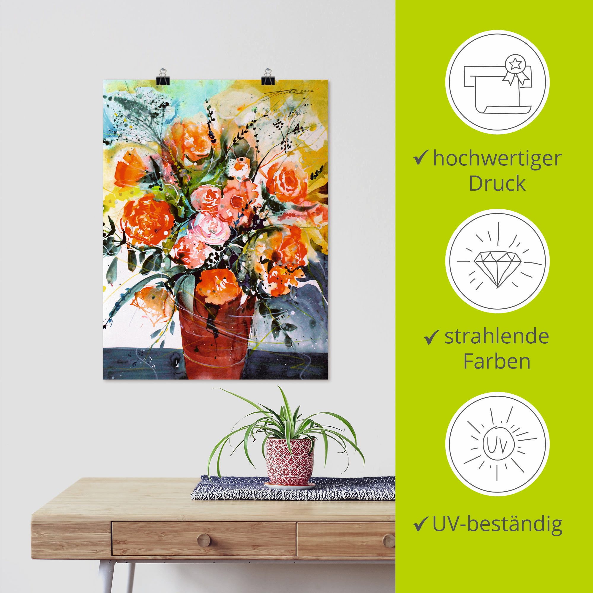 Artland Poster Rozen in bruine vaas als artprint van aluminium, artprint op linnen, muursticker of poster in verschillende maten