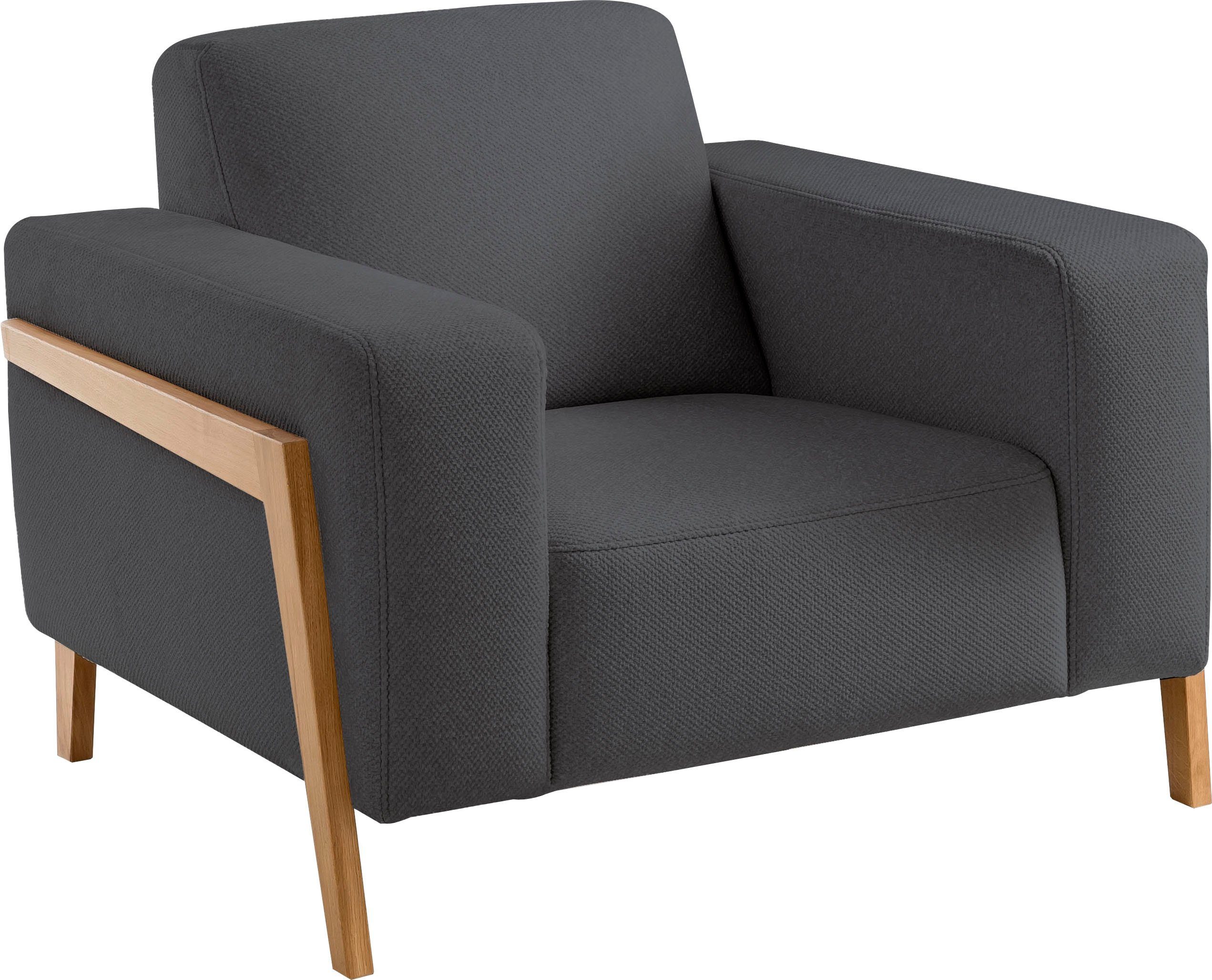 exxpo - sofa fashion Fauteuil Starr, loungestoel, Scandic ontwerp met zichtbaar hout aan de armleuning in scandinavisch design, met massief houten poten, vrij plaatsbaar in de ruimte