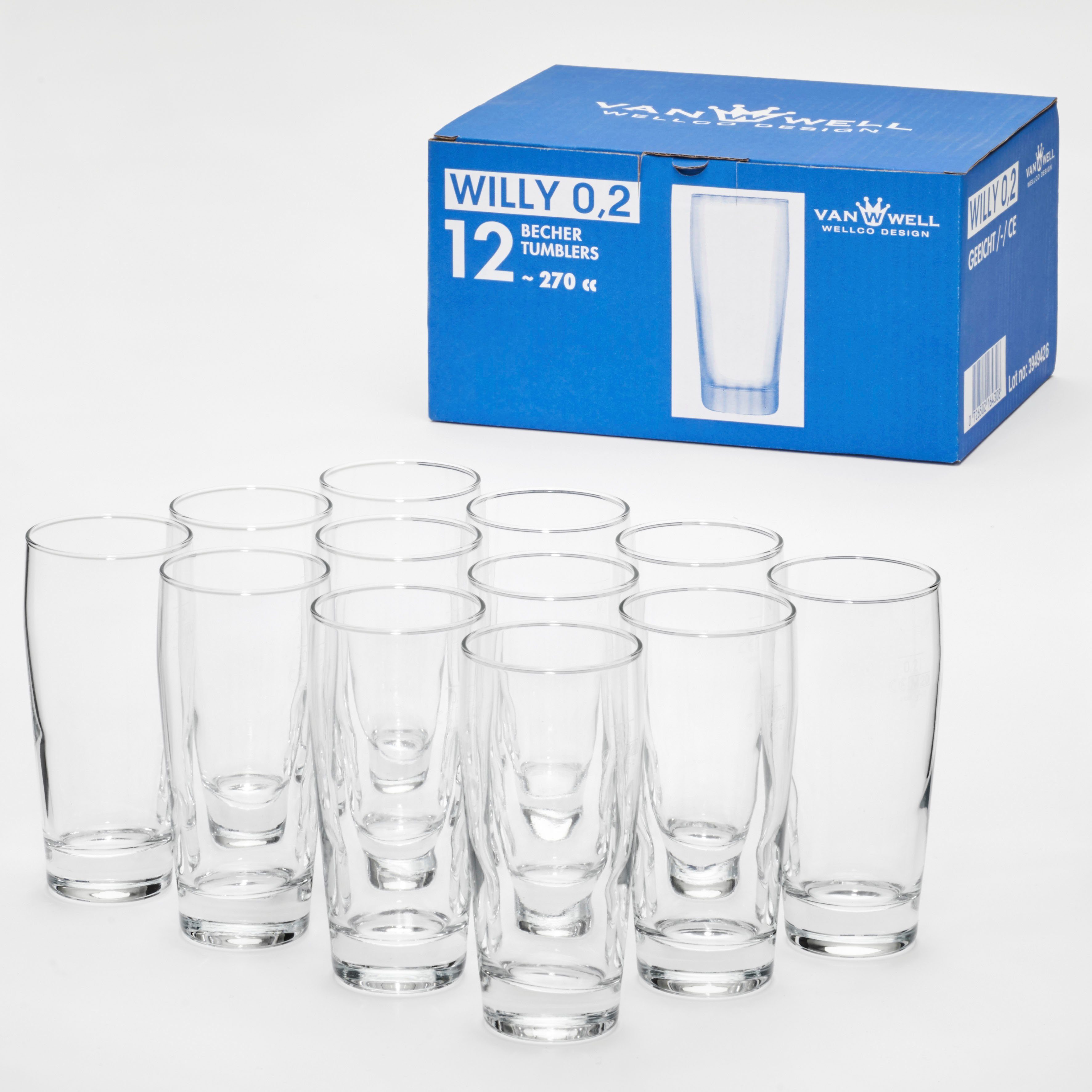van Well Bierglas Willybecher 0,2 l, gekalibreerd, vaatwasmachinebestendig, horeca kwaliteit, 12-delig. (set, 12-delig)