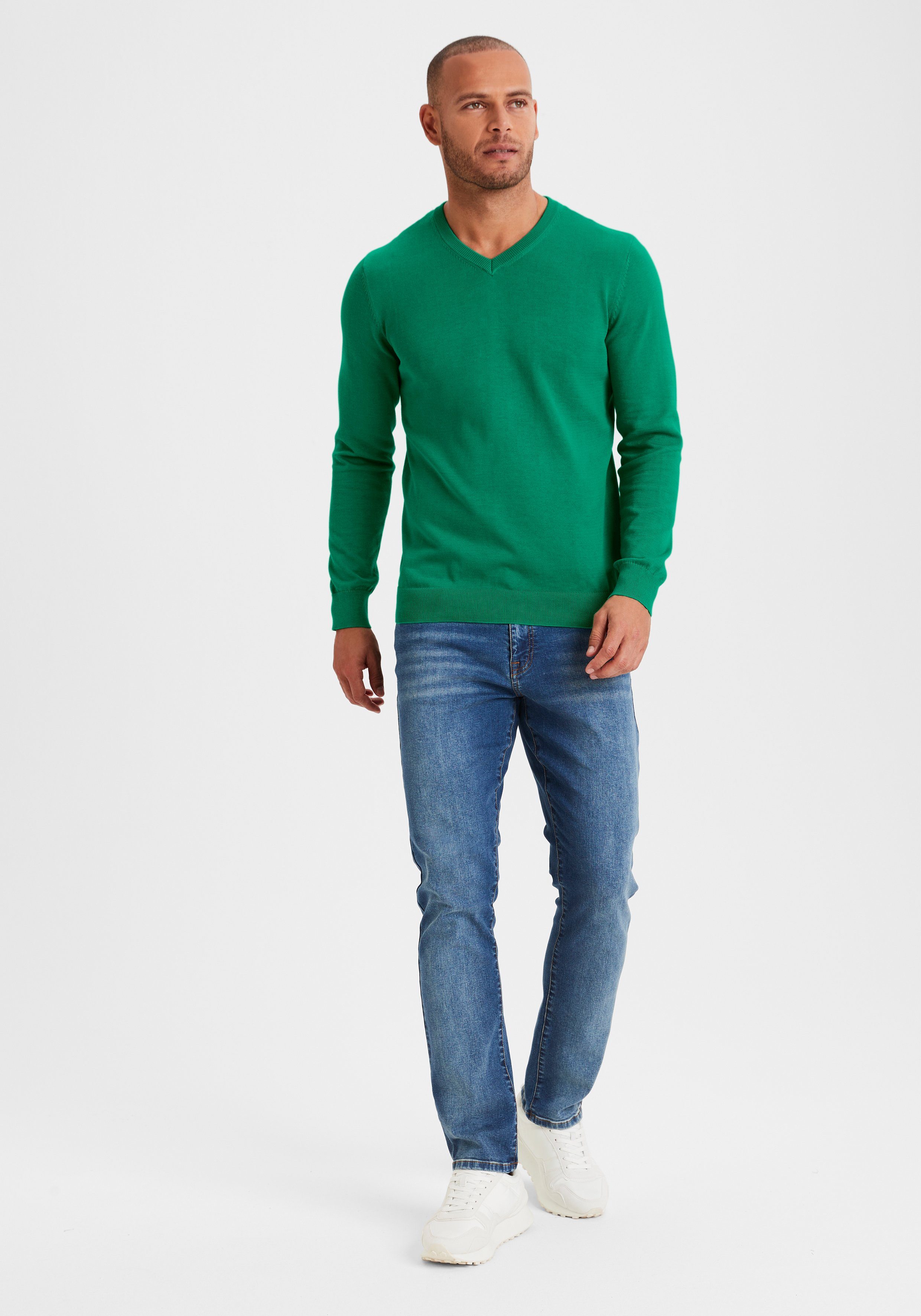 H.I.S Gebreide trui met v-hals, pullover van fijn breiwerk, katoenmix