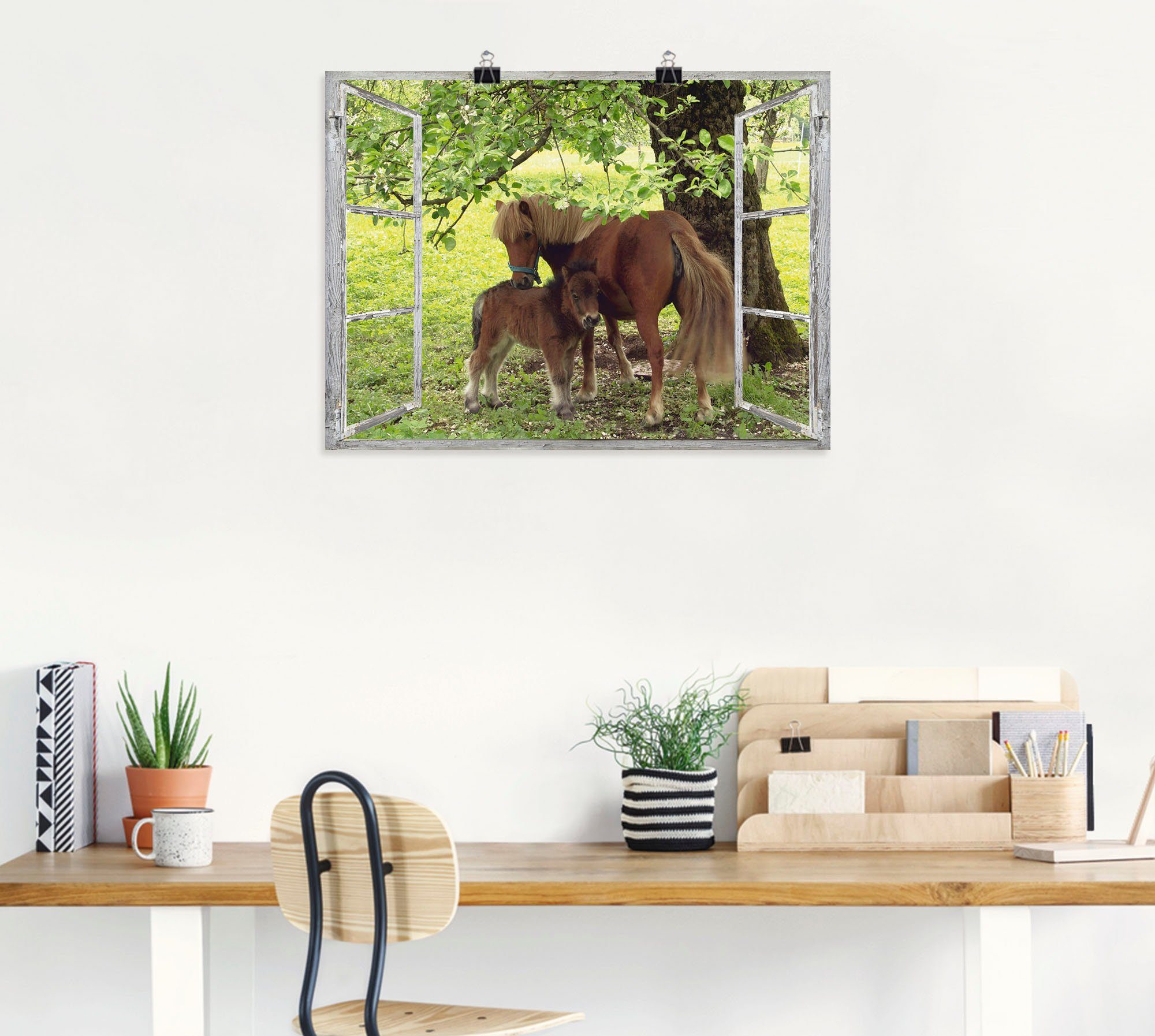 Artland Artprint Blik uit het venster - pony met kind als artprint op linnen, poster, muursticker in verschillende maten