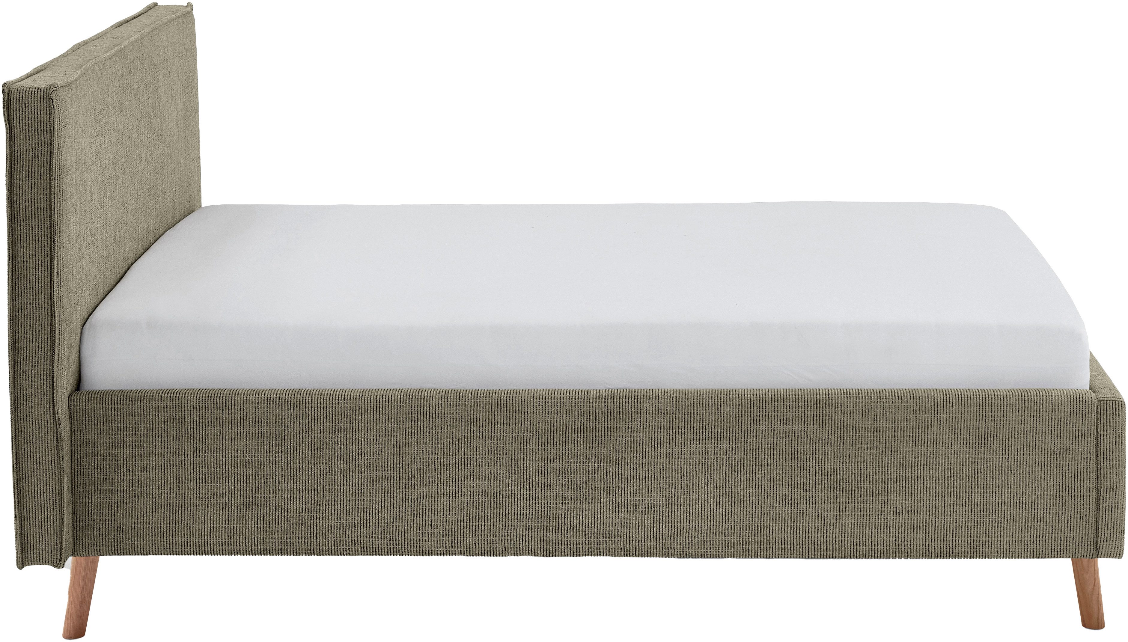 meise.möbel Gestoffeerd bed Riva met eikenkleurige houten poten, naar keuze met bedkist en lattenbodem
