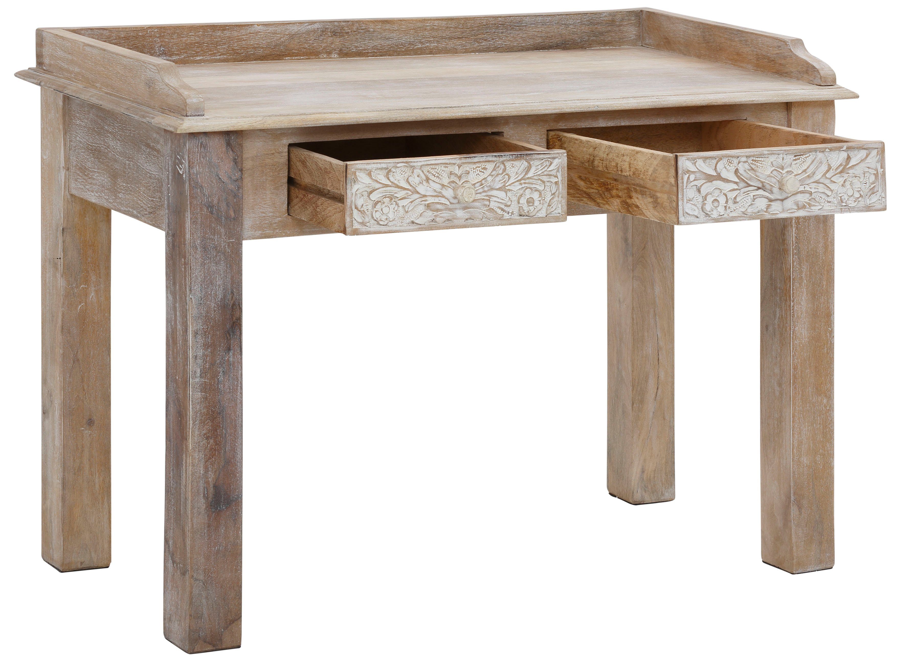 Home affaire Bureau Lavin Mangohout, met decoratief houtsnijwerk, met de hand gemaakt, breedte 111 cm