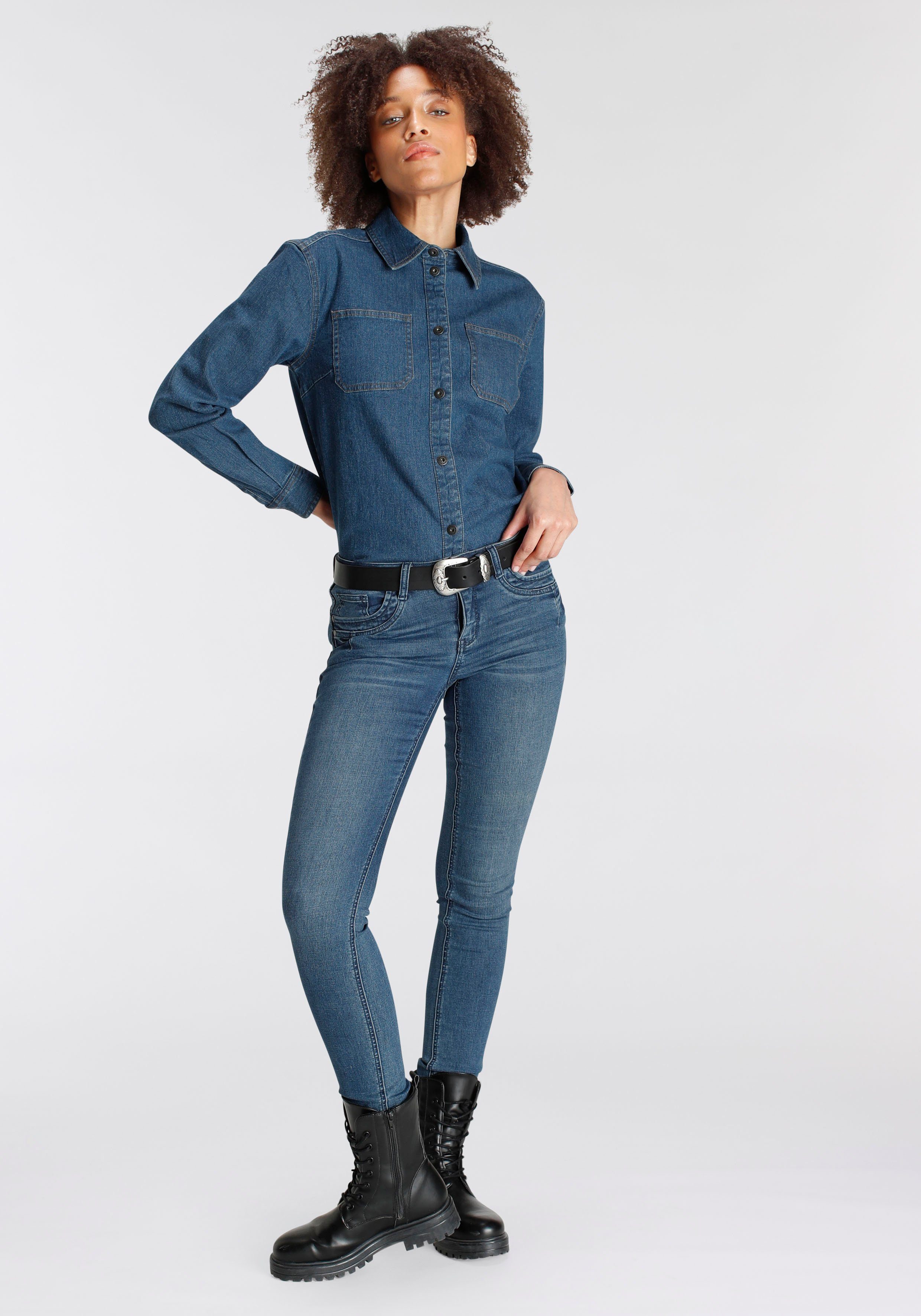 Arizona Skinny fit jeans extra-strakke been snit, used-look-wassing, normale taille