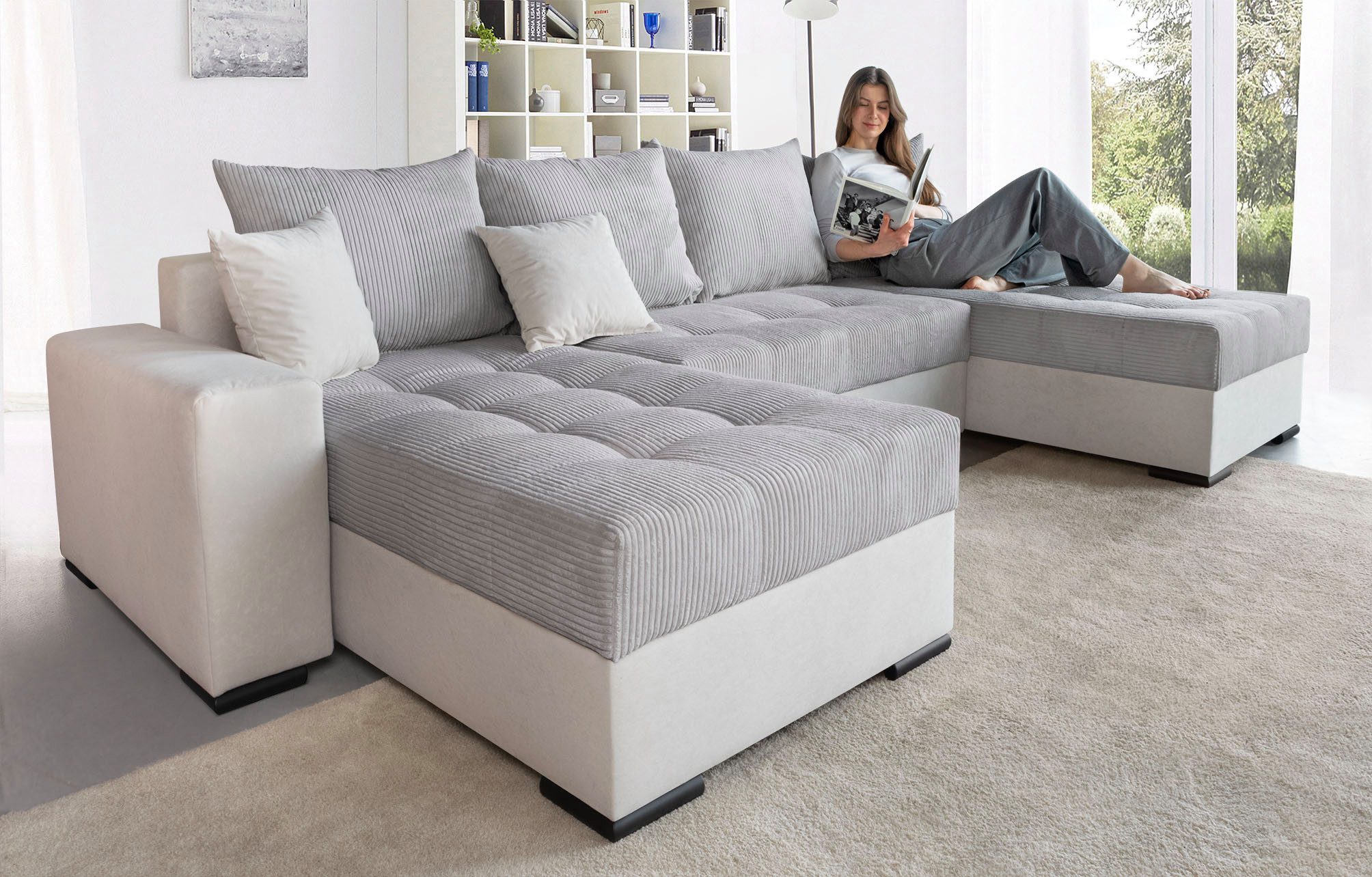 COLLECTION AB Zithoek XL-Josy U-vorm, breedte 313 cm, cord-/mix incl. bedfunctie, bedlade, met 4 gelijk grote rugkussens