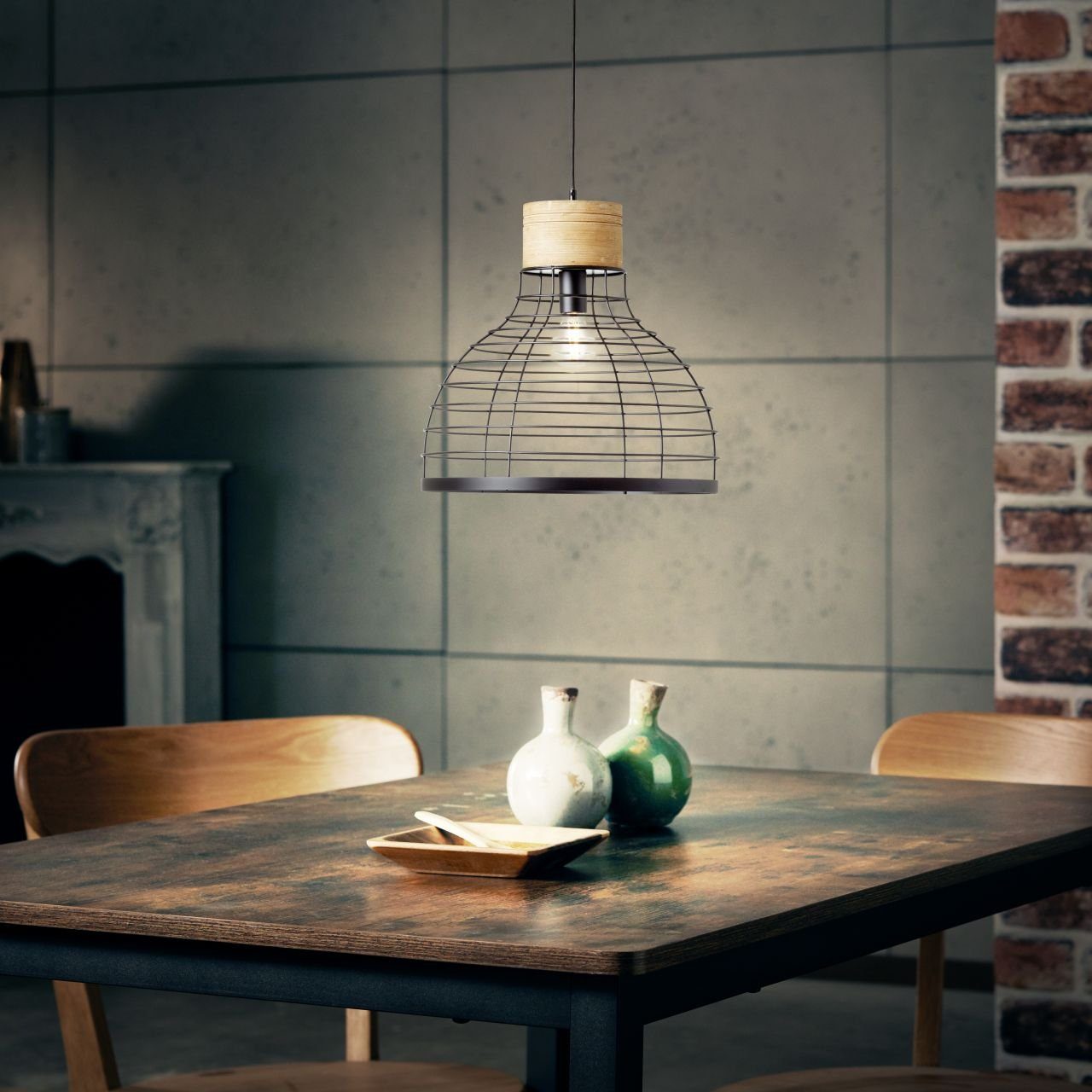 Brilliant Leuchten Hanglamp AVIA 135 cm hoogte, ø 47 cm, e27, inkortbaar, metaal/hout, zwart/bruin (1 stuk)