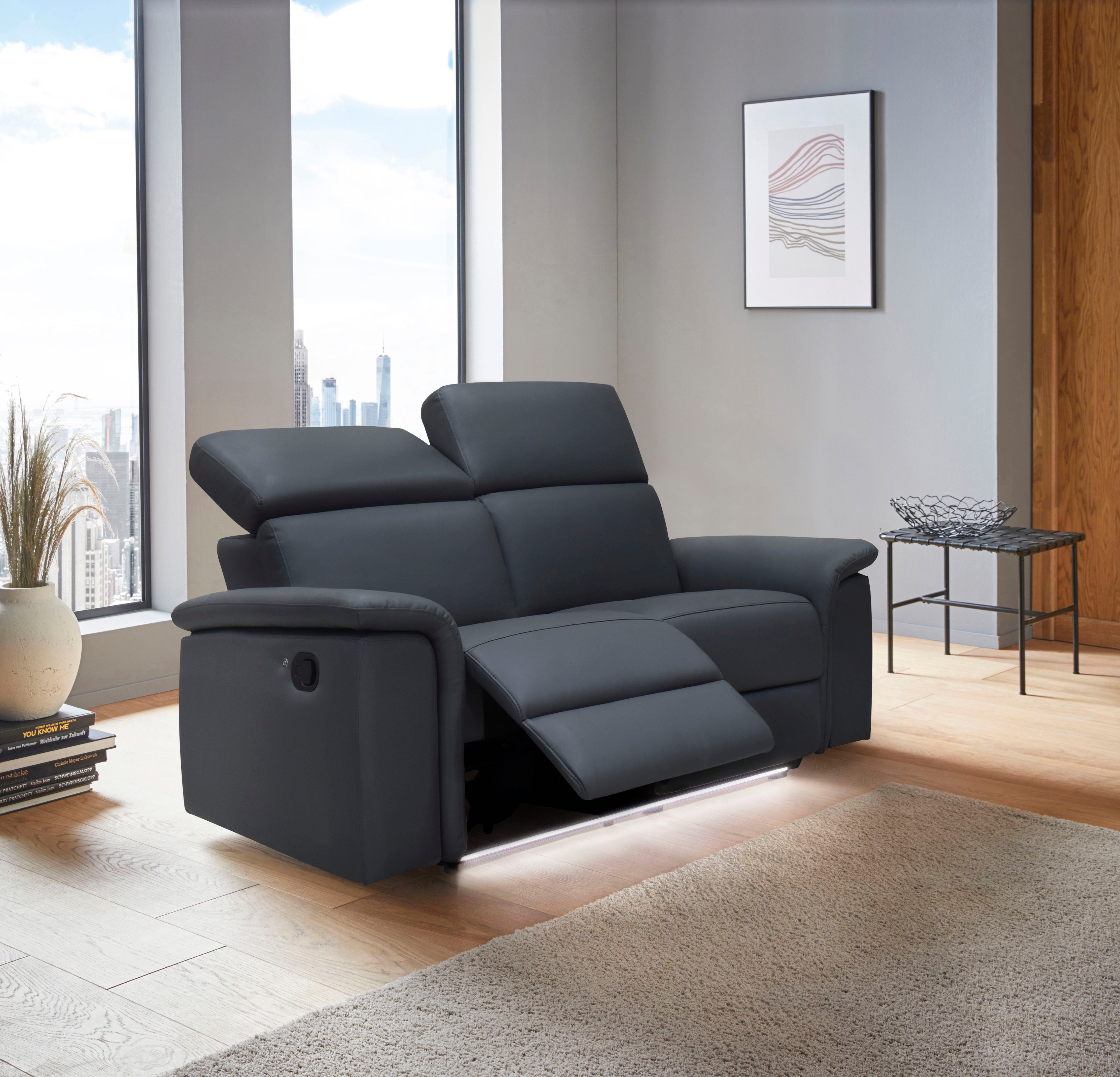 Places of Style 2-zitsbank Pareli 172 cm, handmatige en elektrische relaxfunctie USB, hoofdsteunverstelling, LED, in echt leer, kunstleer, web