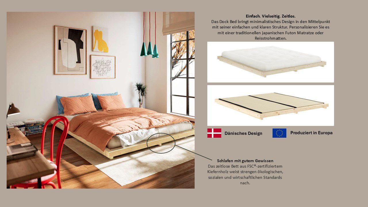 Karup Bedframe DOCK BED, futonbed, massief houten bed, bed zonder matras Bed met lattenbodem, van FSC® gecertificeerd grenen, meerdere maten