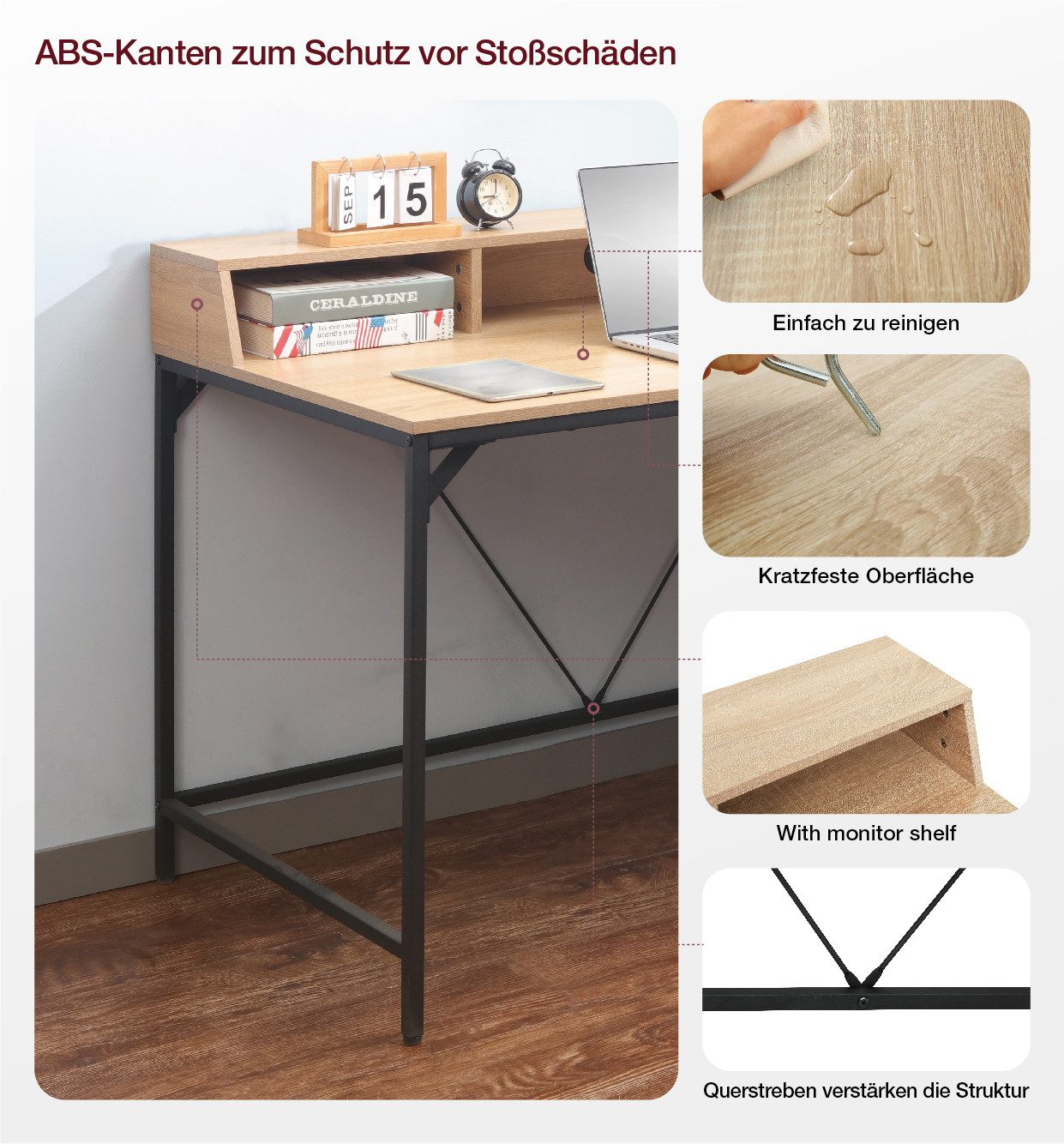 INOSIGN Bureau Endre met monitorsteun, 3 vakken & kabeldoorvoer, metalen frame