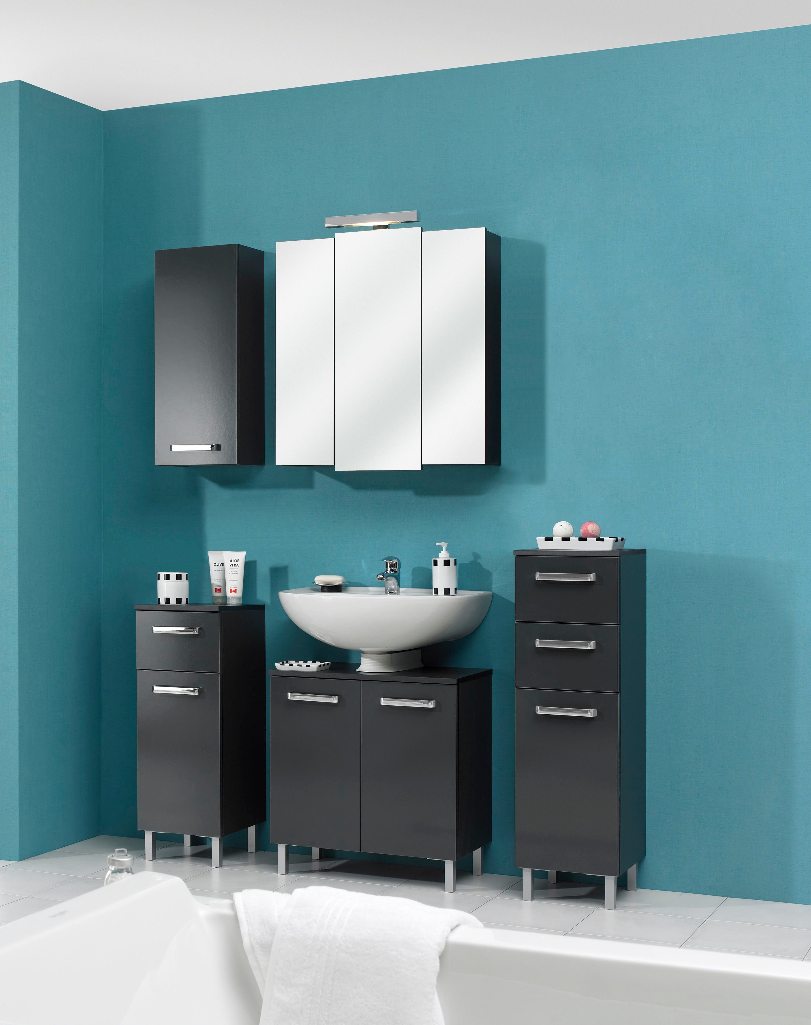 Saphir Hangend kastje Quickset wand-badkast 25 cm breed met 1 deur en 2 legplanken Badkamer-hangend kastje inclusief deurdemper, grepen in glanzend chroom