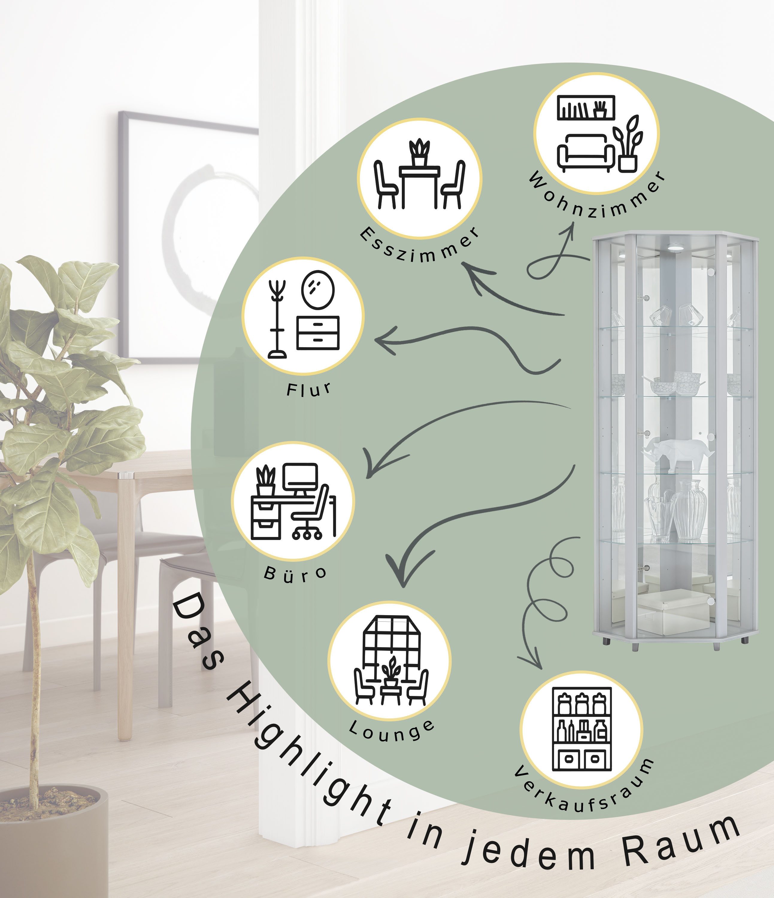 fif möbel Hoekvitrinekast TRIO hoogte ca. 172 cm, incl. verlichting Hoekvitrine/Glasvitrine 1x Glazen deur, perfect voor verzamelaars, verzamelvitrine