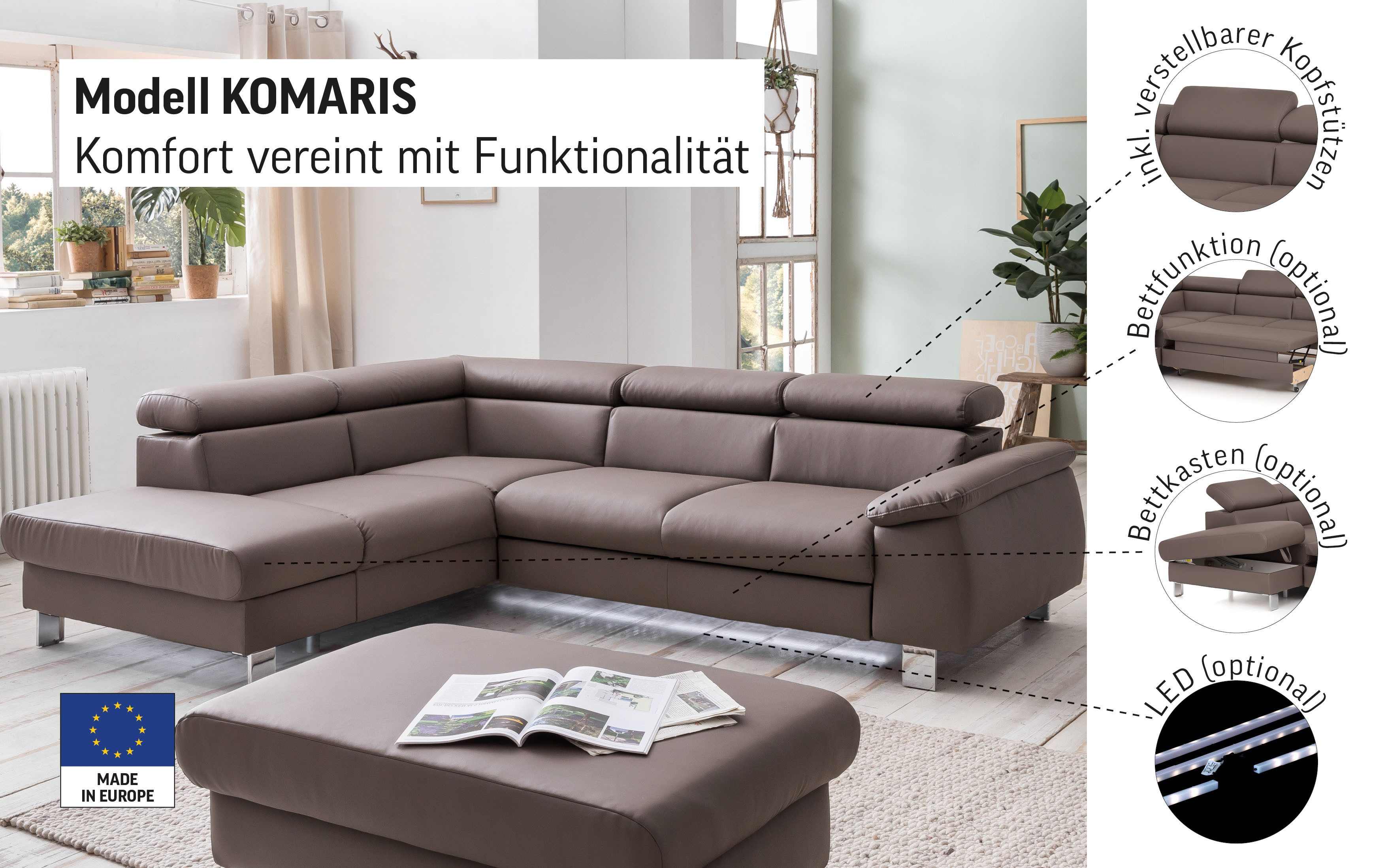 COTTA Hoekbank Komaris L-vorm met hoofdeindeverstelling keuze met bedfunctie, bedlade & verlichting