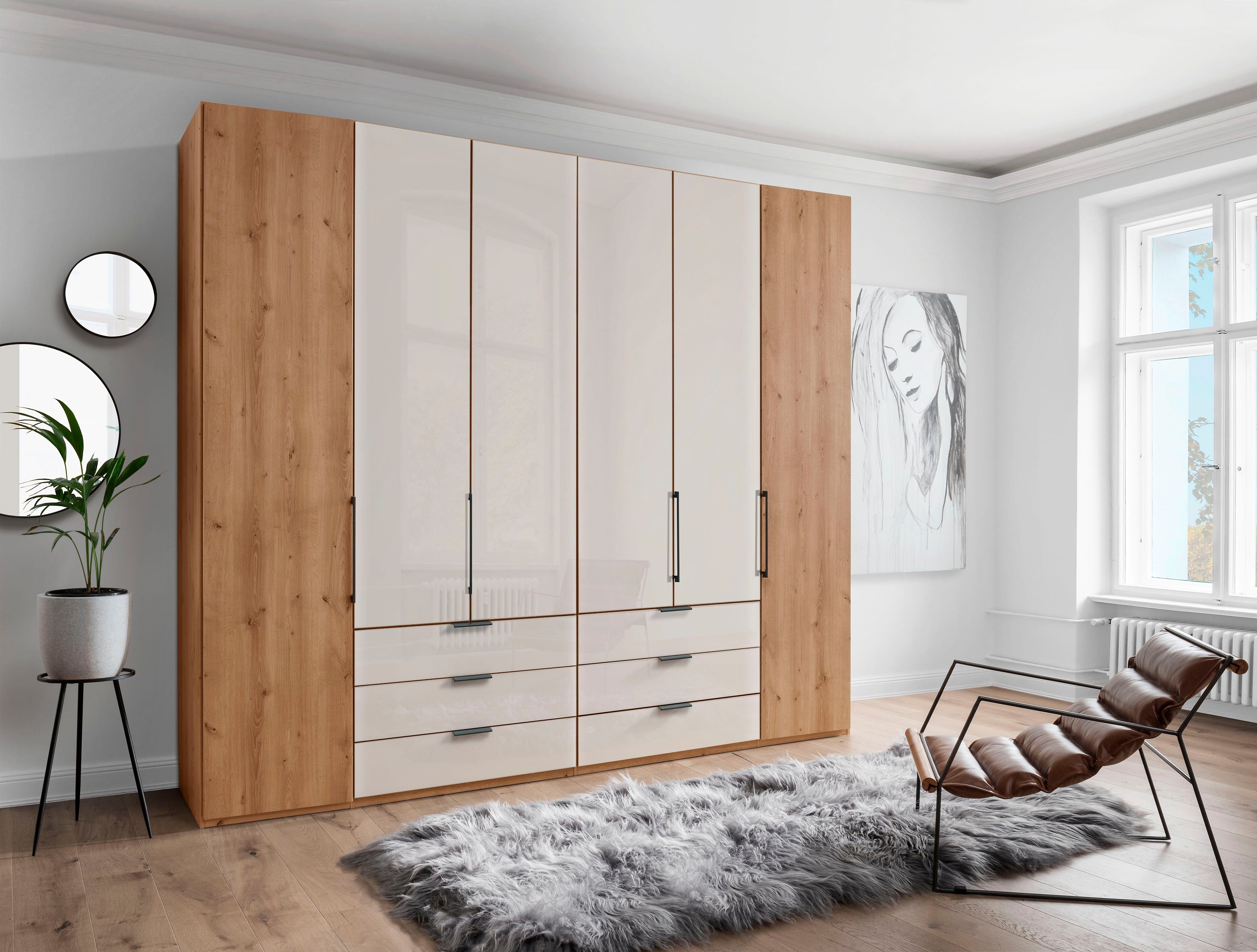 WIEMANN Vouwdeurkast Monaco Deels glazen front en hoogwaardig beslag inclusief ladedemping garderobekasten maat 246,9 cm x 216 cm x 58 cm beige
