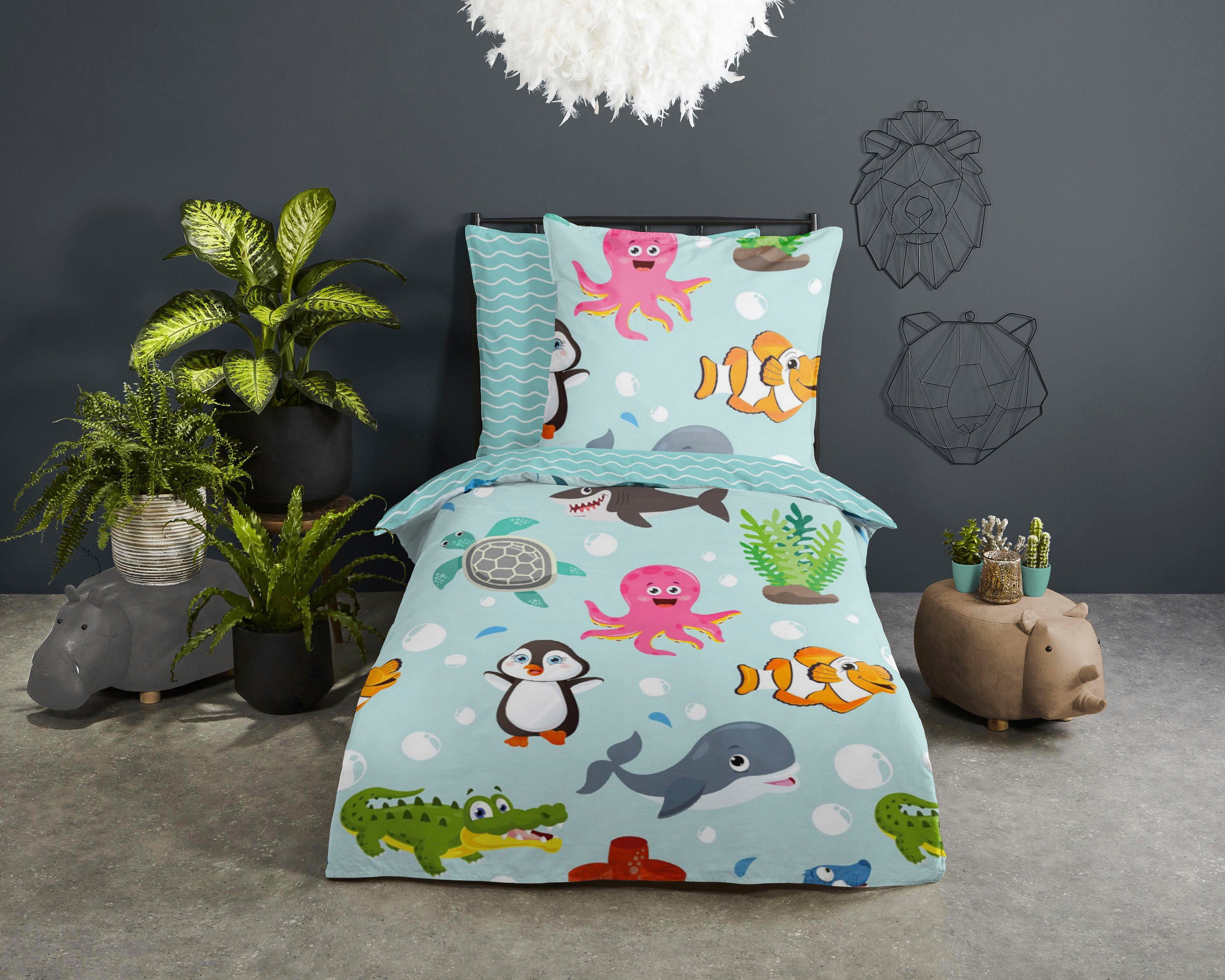 good morning Kinderovertrekset Sea Katoen, 135x200, Rits, Omkeerbaar, Kind, Zee, Dier, Turquoise (2-delig) dekbedovertrekken multicolor