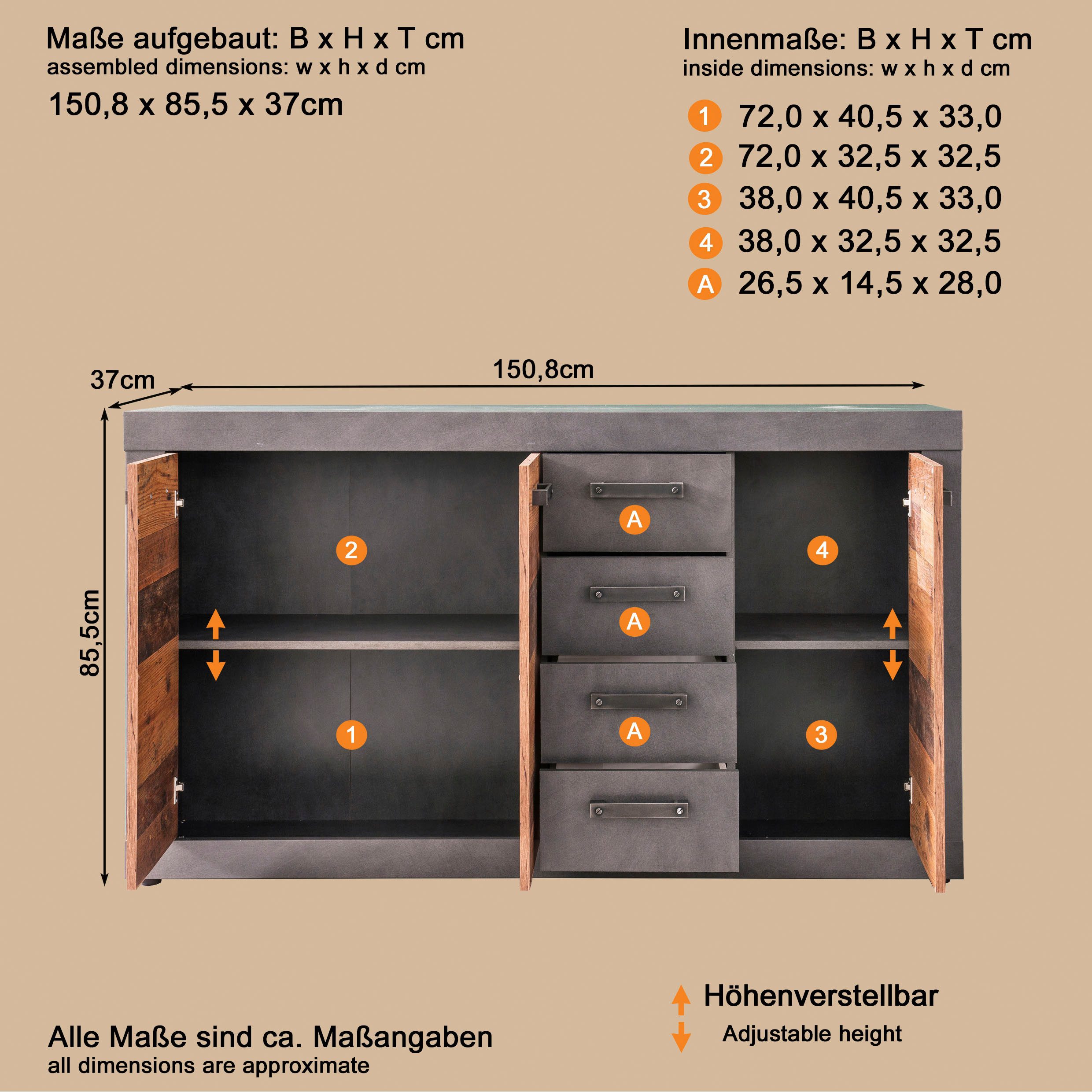 INOSIGN Kast Ilana Sideboard in moderne industriële stijl - Met 4 lades en 4 vakken