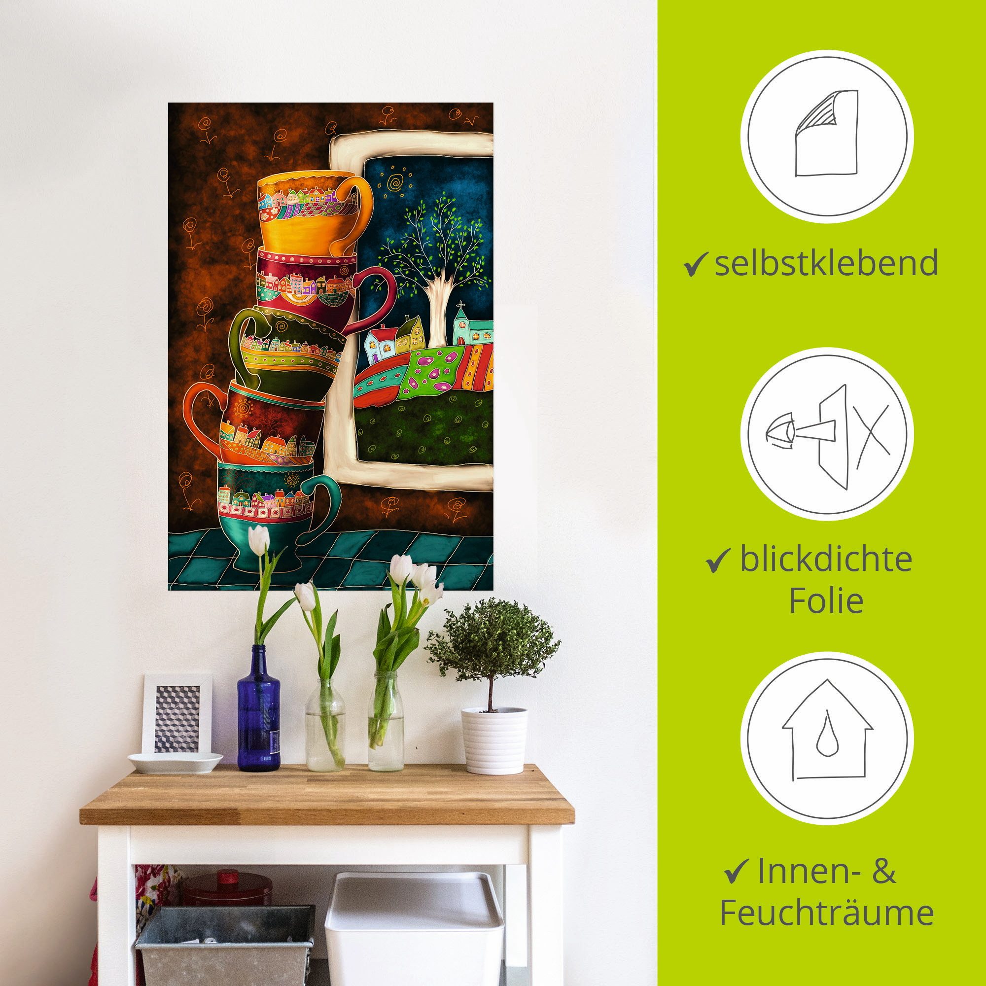 Artland Artprint Vrolijke koffiekopjes als artprint van aluminium, artprint voor buiten, artprint op linnen, poster, muursticker