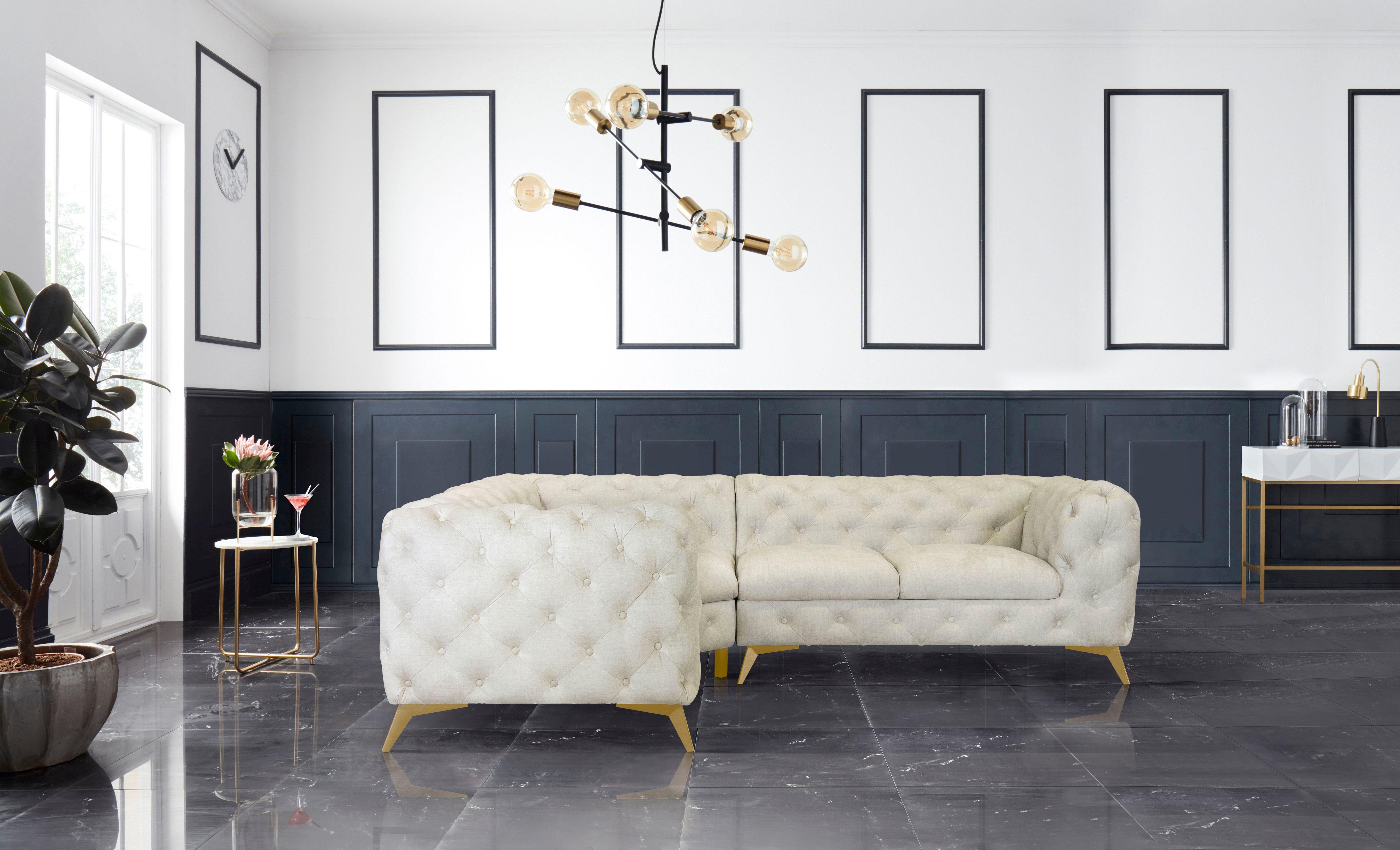Leonique Chesterfield-bank Glynis L-vorm luxueuze capitonnage, moderne chesterfield look, kleur van de poten ter keuze