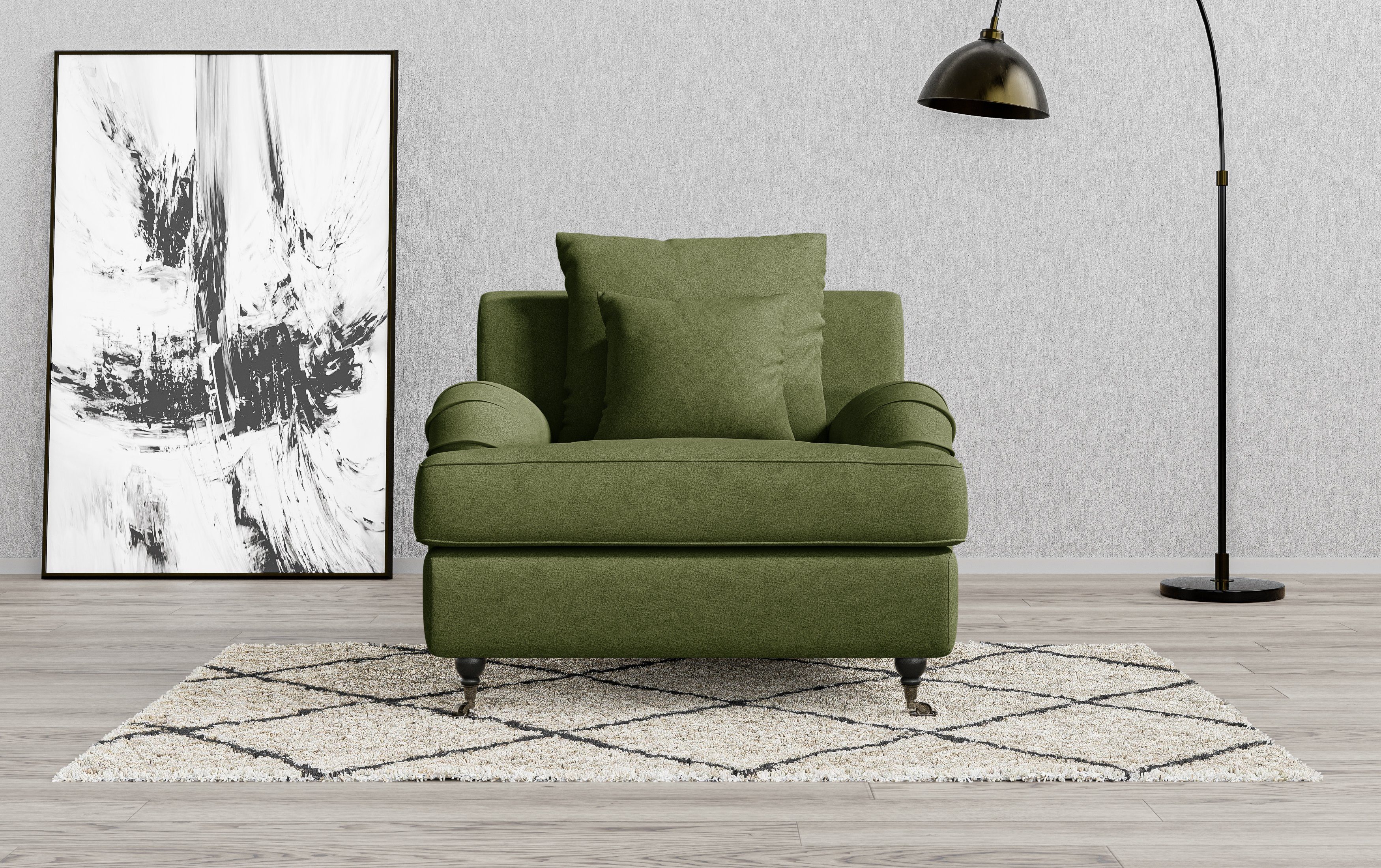 Guido Maria Kretschmer Home&Living Fauteuil NORIN twee soorten poten: voor - wieltjes, aan de achterkant - houten poten fauteuils maat Bouclé groen