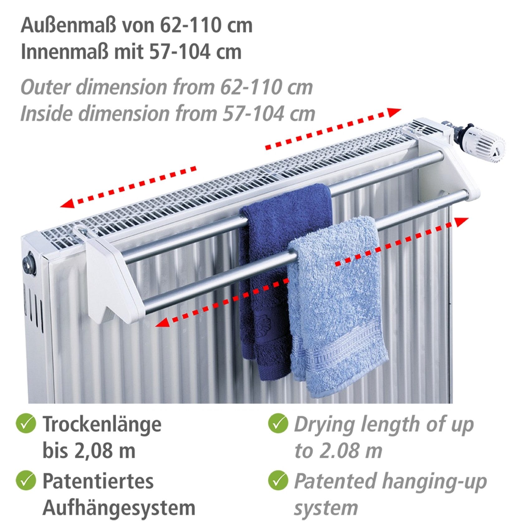 WENKO Droogrekje voor aan de verwarming Model Twin uitschuifbare wasdroger om aan deuren en radiatoren te hangen