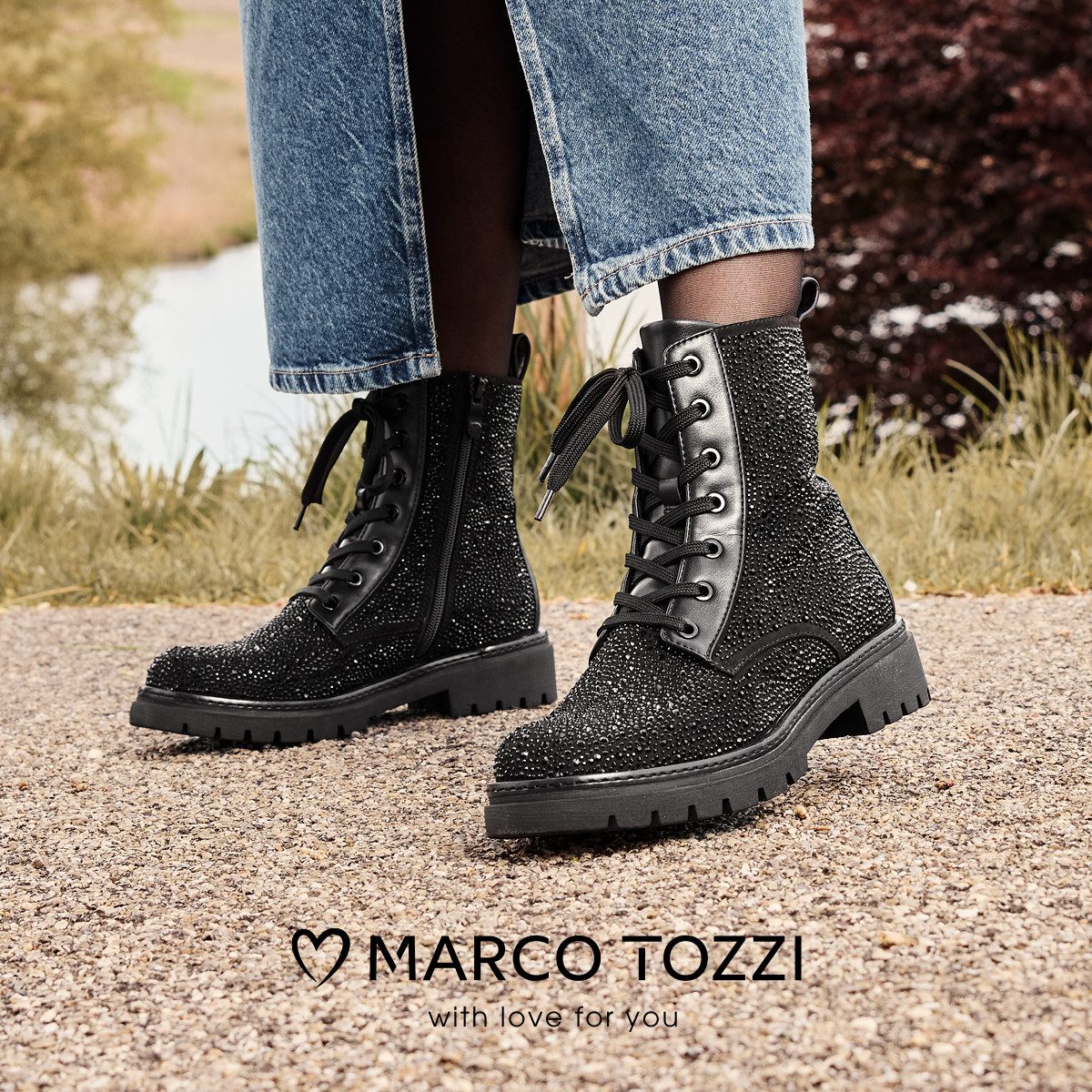 Marco Tozzi Veterlaarsjes , blokhak, veterboots bezet met glanzende strasssteentjes