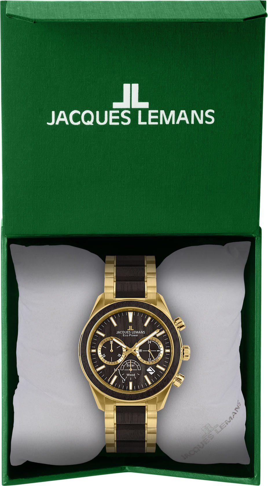 Jacques Lemans Solarhorloge Eco Power, 1-2115L Horloge, herenhorloge, datum, stopwatchfunctie, houten wijzerplaat