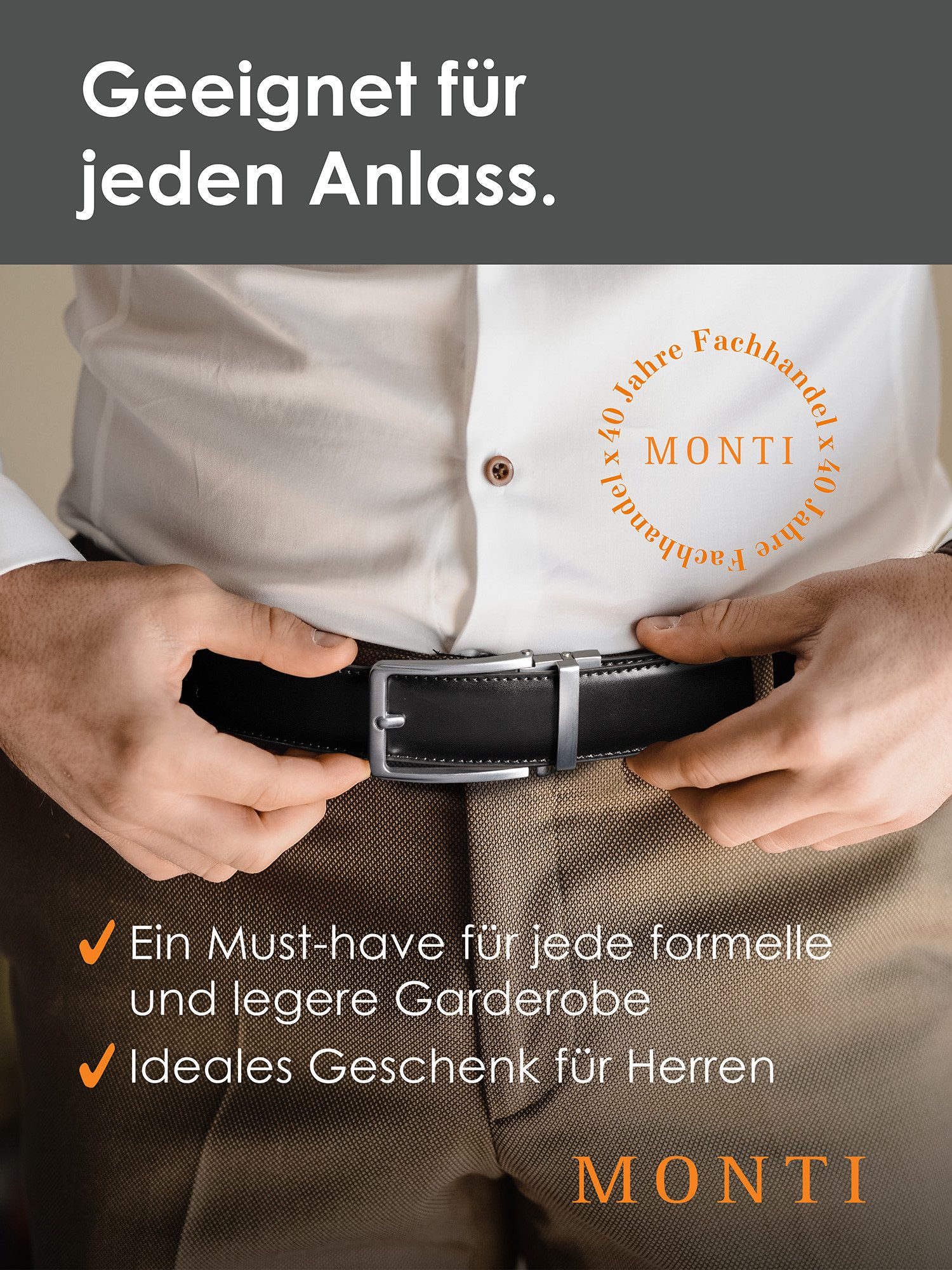 MONTI Leren riem 3,5 cm breed, klassiek-business, automatische sluiting - past altijd