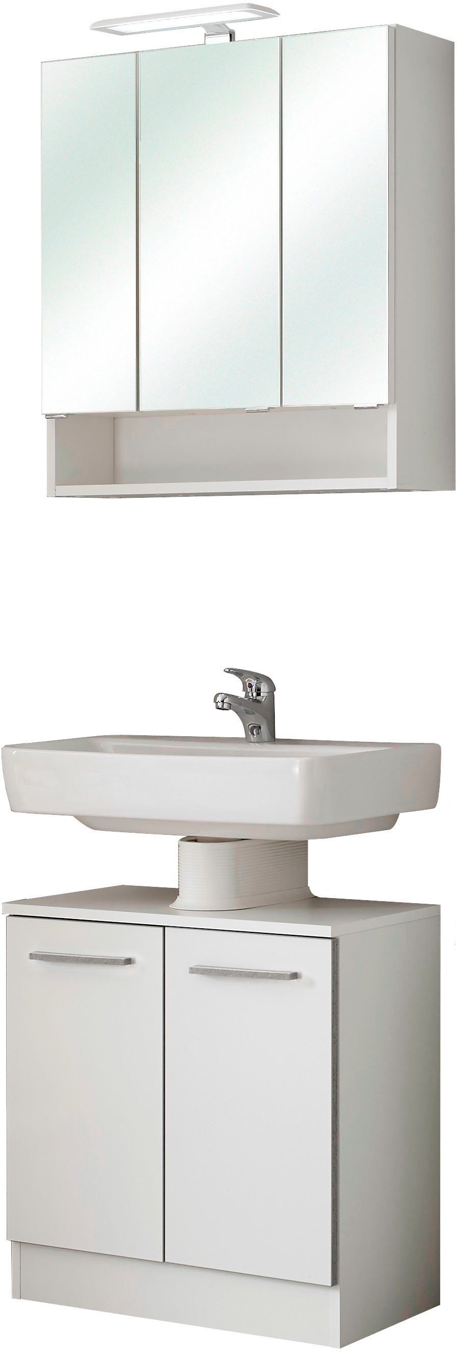 Saphir Badmeubelset Quickset 953 2-delig, wastafelonderkast en led-spiegelkast in glanzend wit, badkamermeubel inclusief deurdemper, zonder wasbak, 5 deuren (set)
