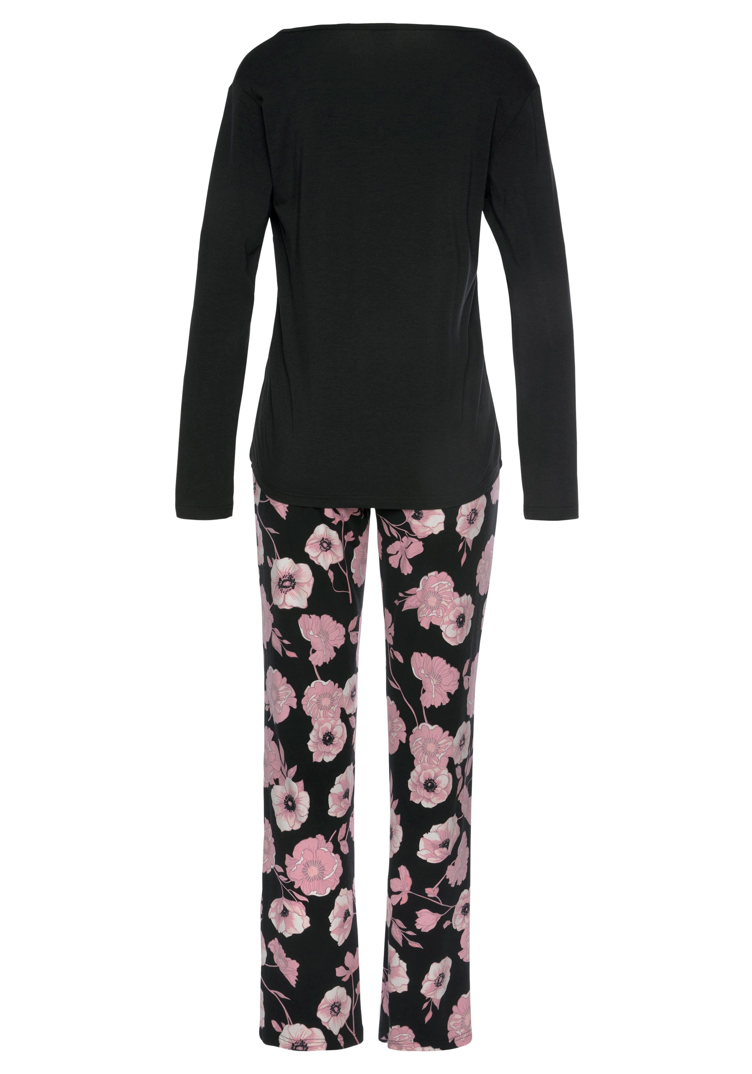 Lascana Pyjama met bloemmotief en kanten details (2-delig, 1 stuk)
