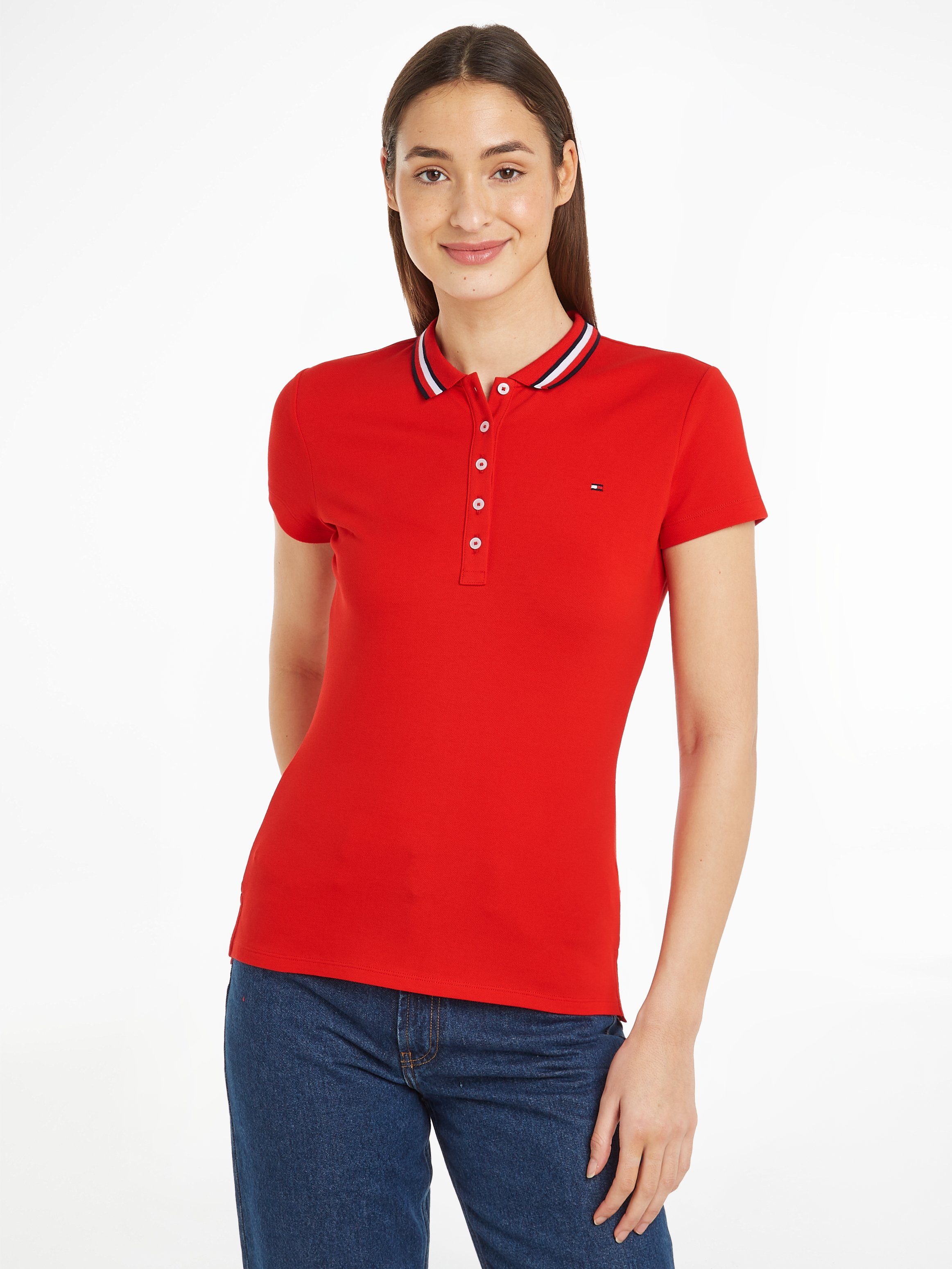 Tommy Hilfiger Poloshirt SLIM GLOBAL STRIPE POLO SS Polokraag met contrasterende strepen, kleine knoopsluiting (Global Serie TH VROUWEN) dames polo's