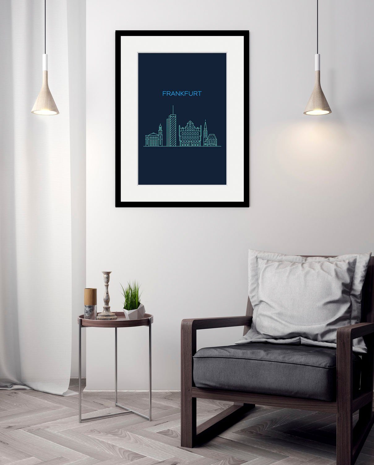 queence Wanddecoratie Frankfurt sightseeing HD premium posterdruk incl. houten lijst (1 stuk) schilderijen blauw