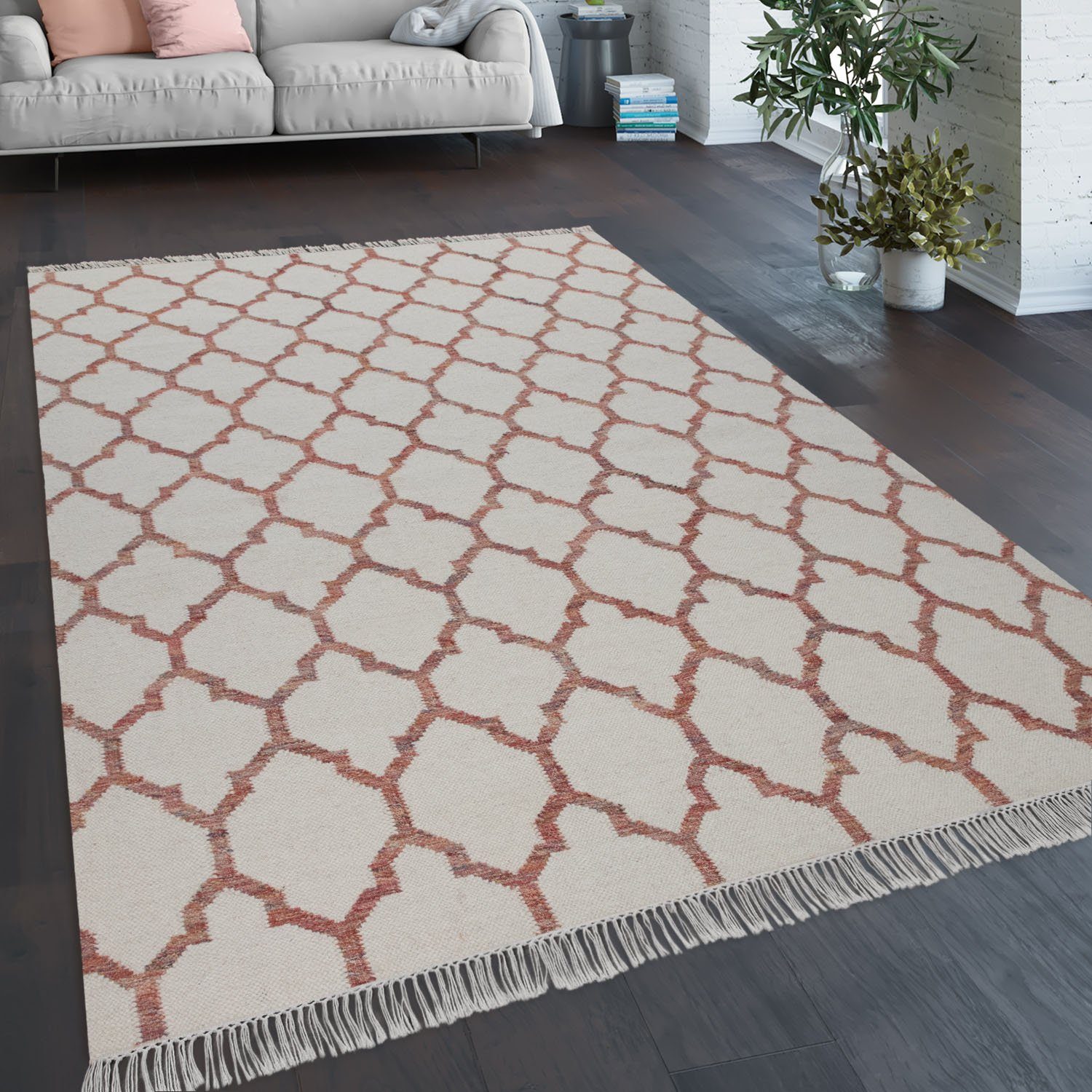 Paco Home Wollen kleed Kenitra 503 Handgeweven vloerkleed, platweefsel, zuivere wol, met de hand geweven, met franje