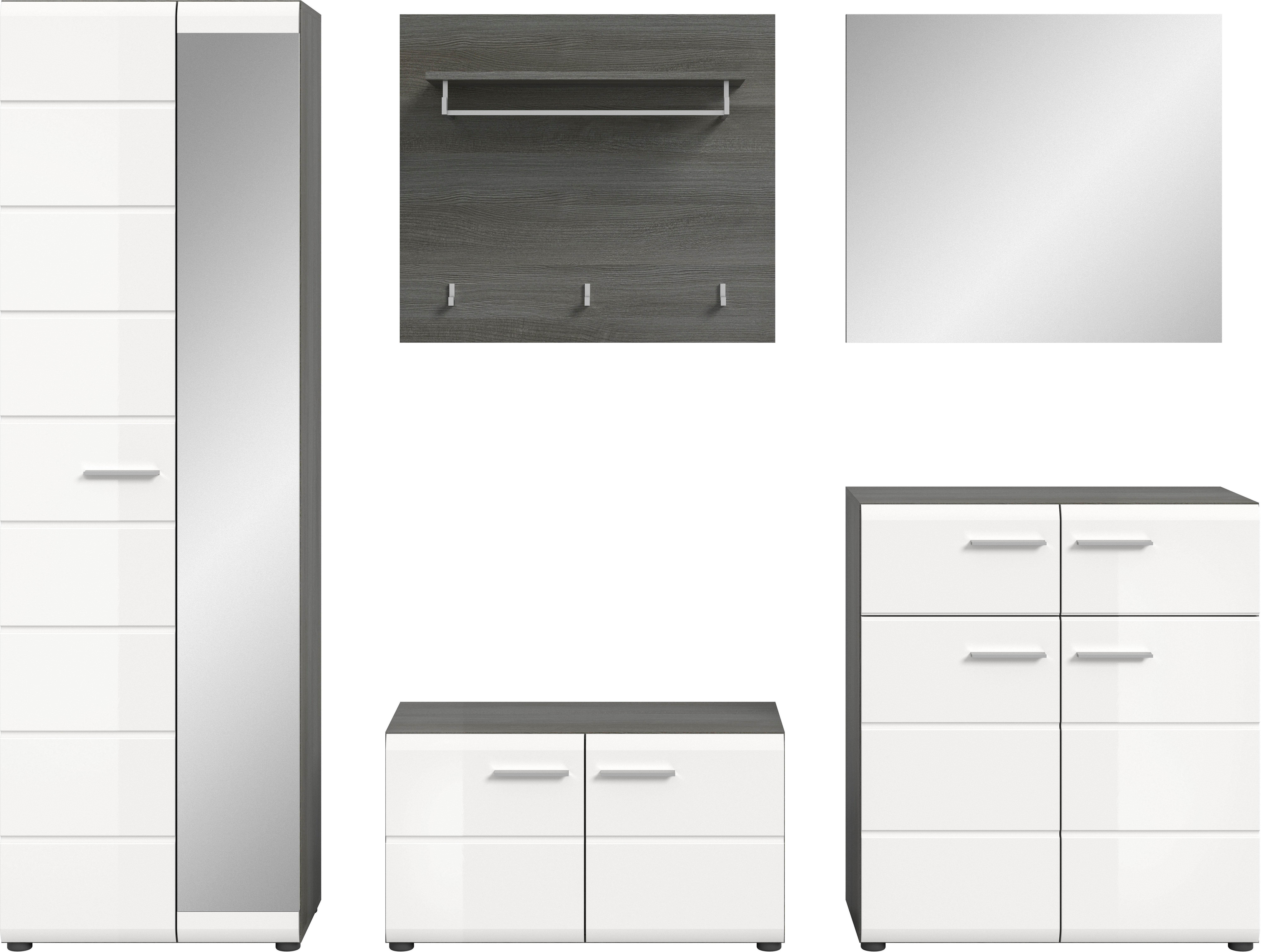 INOSIGN Halmeubelset Rumba, 5-delig, Breedte 250 cm, Hoogglans Front, bestaand uit: Garderobekast, schoenenbank, garderobepaneel, schoenenkast, spiegel (5 stuks)