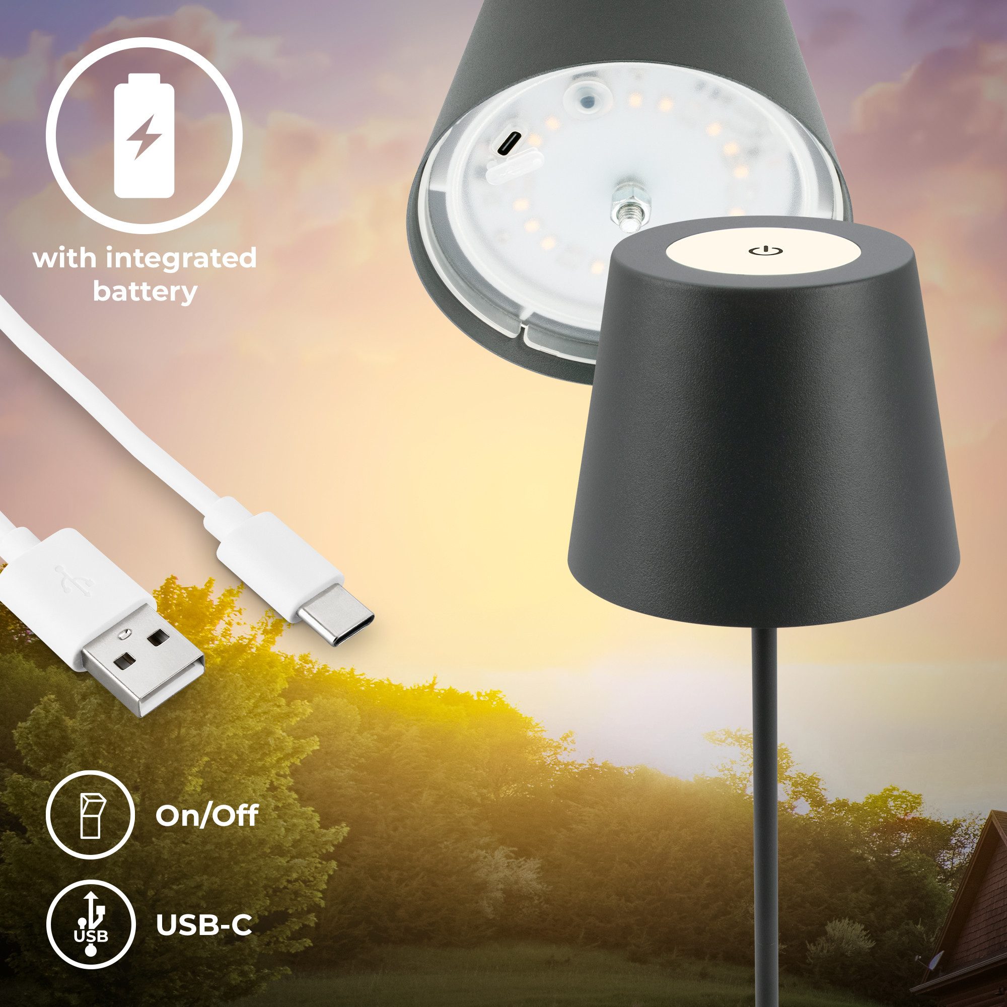 B.K.Licht Tafellamp voor buiten BK_TL1593 Accu LED tafellamp, 3-niveau touchdimmer, met USB 2.700 k, 200 lm, 2,5w, ip44, 12h brandduur, 36 x 10,5 cm, antraciet (1 stuk)