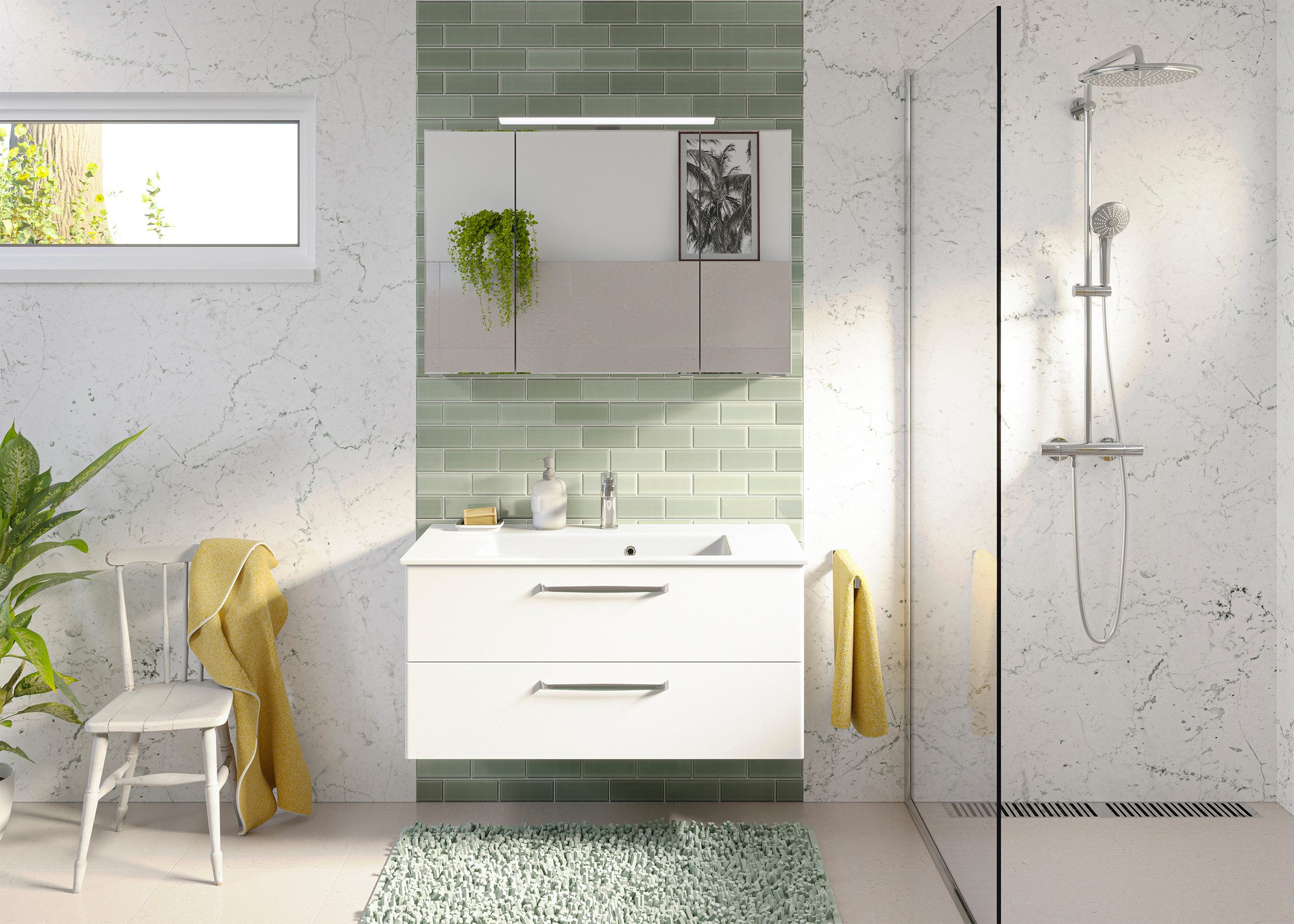 Saphir Badmeubelset Trentino 2-delig mineralen marmer wasbak, spiegelkast met LED-profiel (3 stuks)