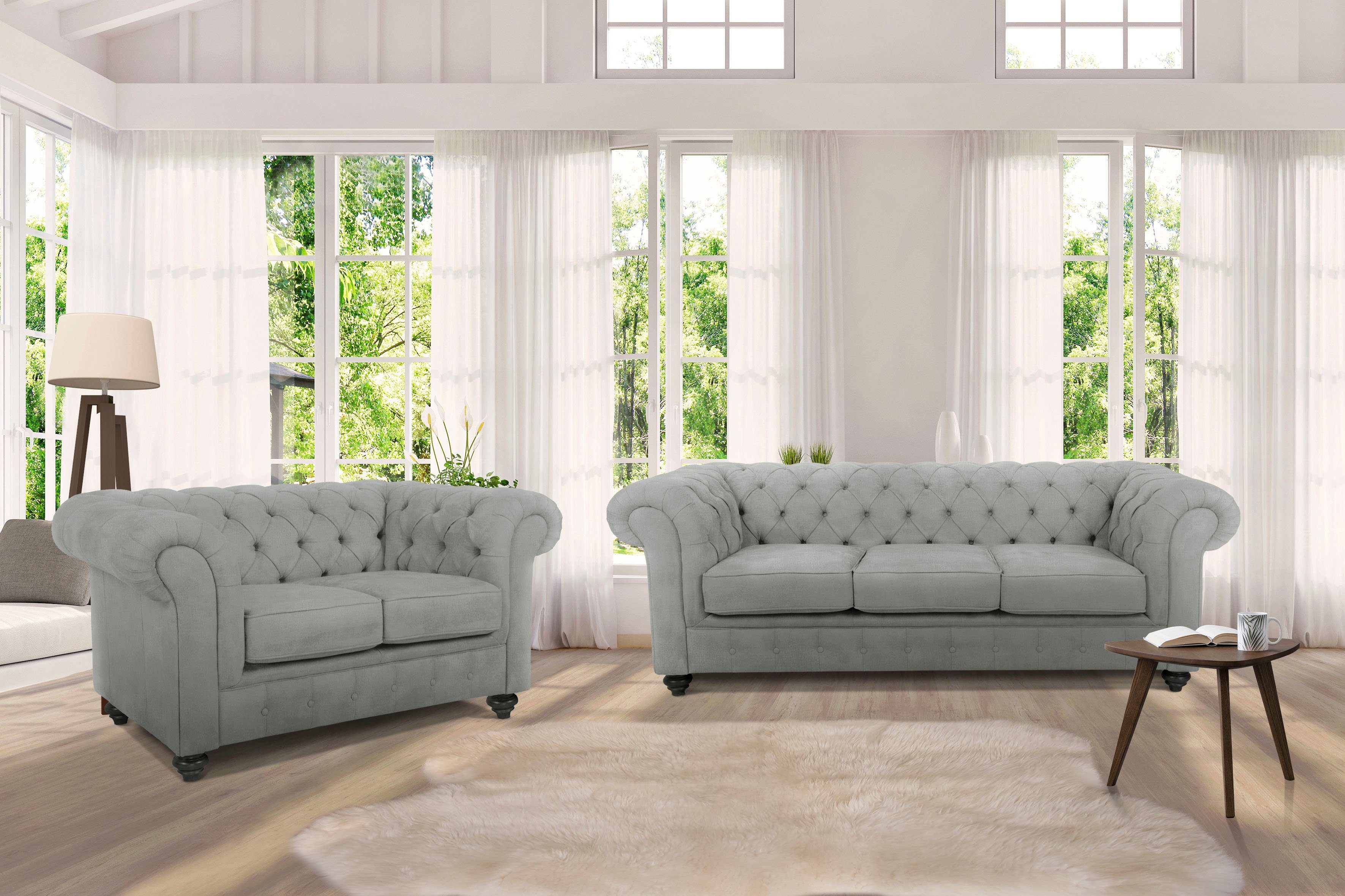 Home affaire Chesterfield-bank Duc 3-zits hoogwaardige capitonnage achter, fluwelige look met changerende look