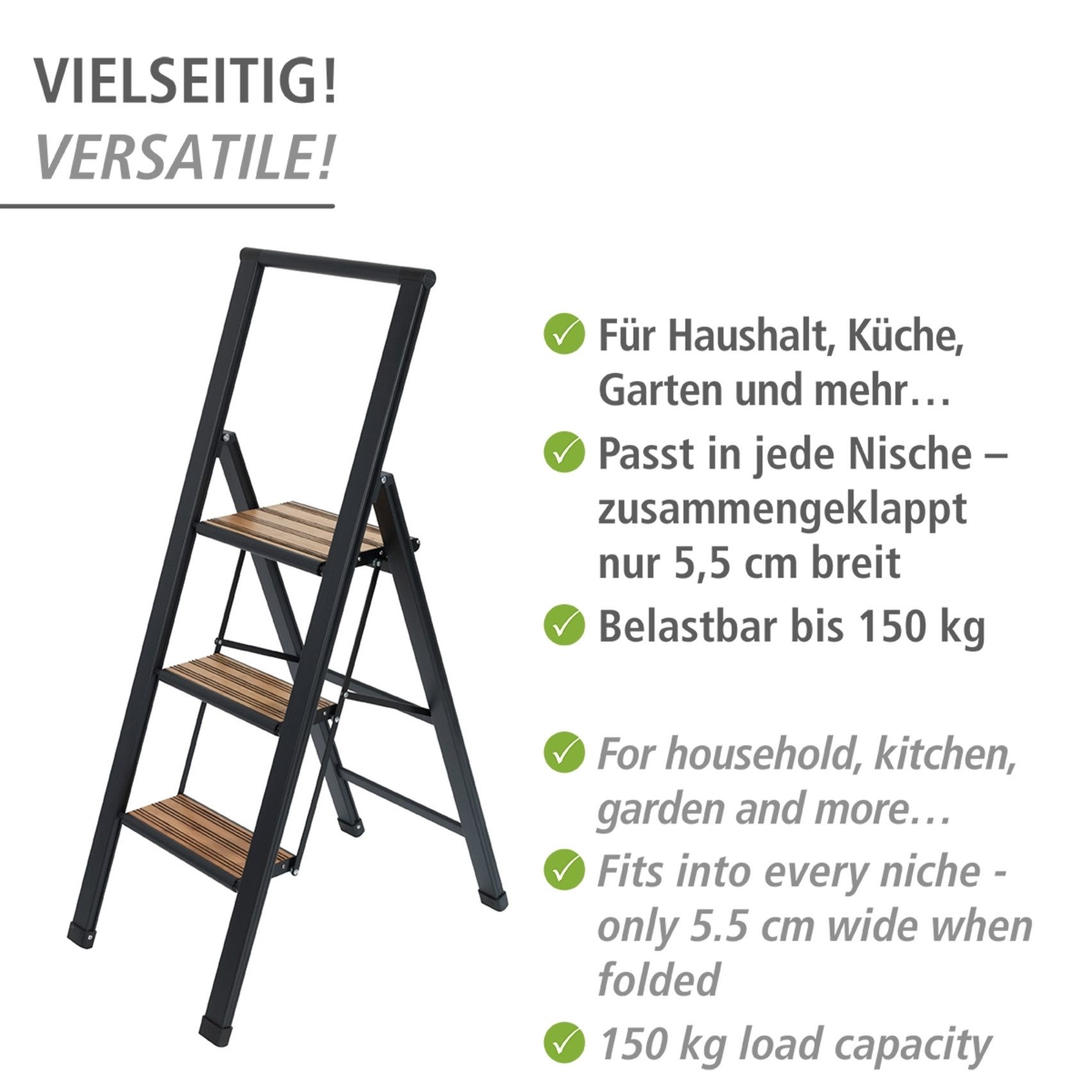WENKO Huishoudtrapje Model Alu-Design Aluminium-design, XXL-treden, robuust aluminium in combinatie met bamboe
