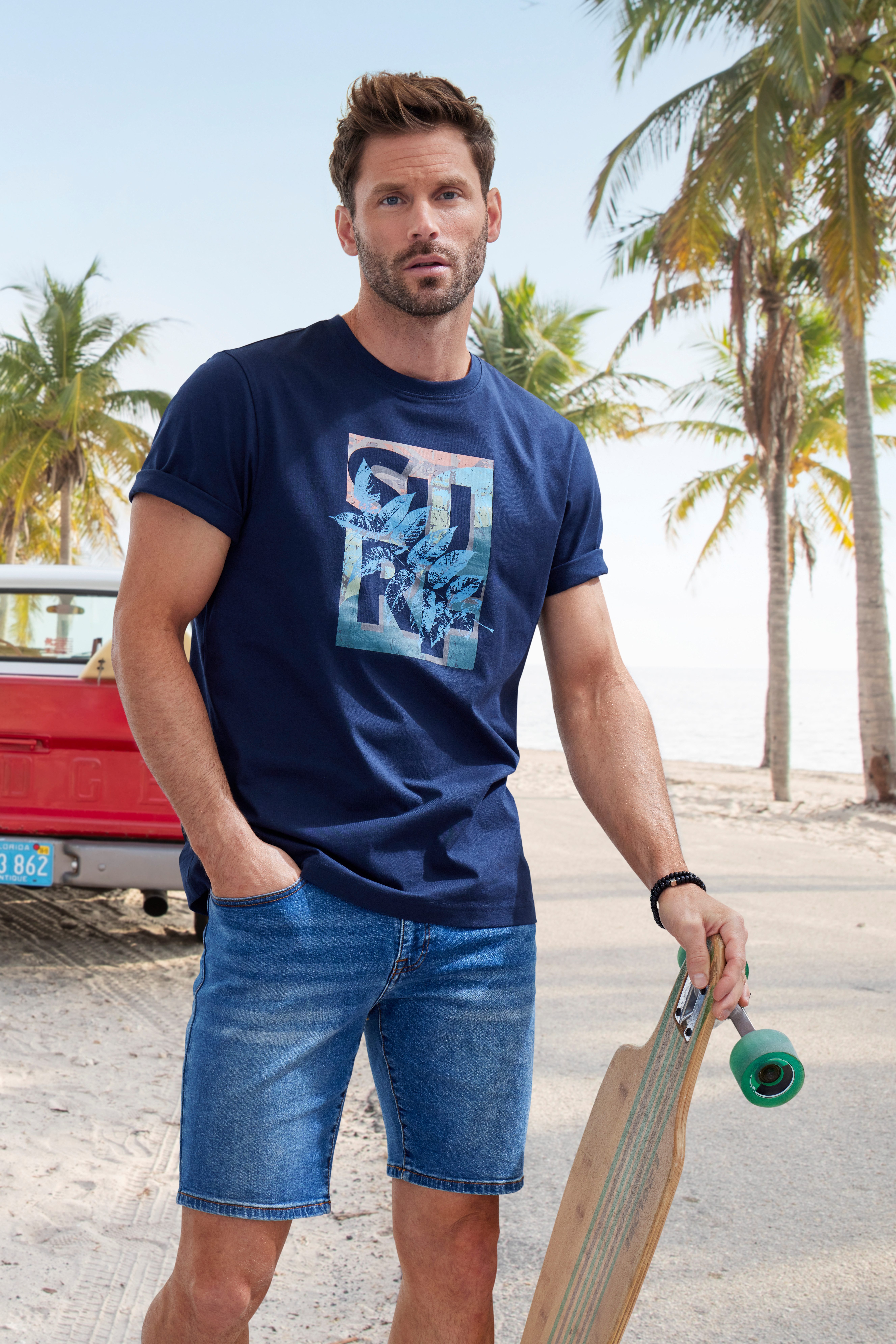 John Devin T-shirt Ronde hals shirt met surf-print van 100% katoen