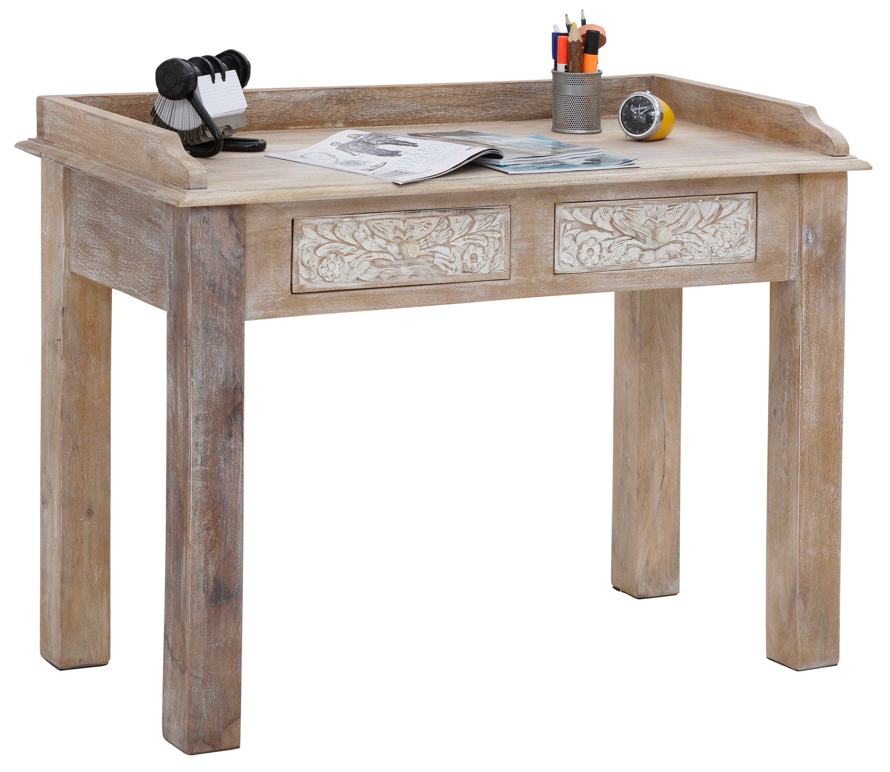 Home affaire Bureau Lavin Mangohout, met decoratief houtsnijwerk, met de hand gemaakt, breedte 111 cm