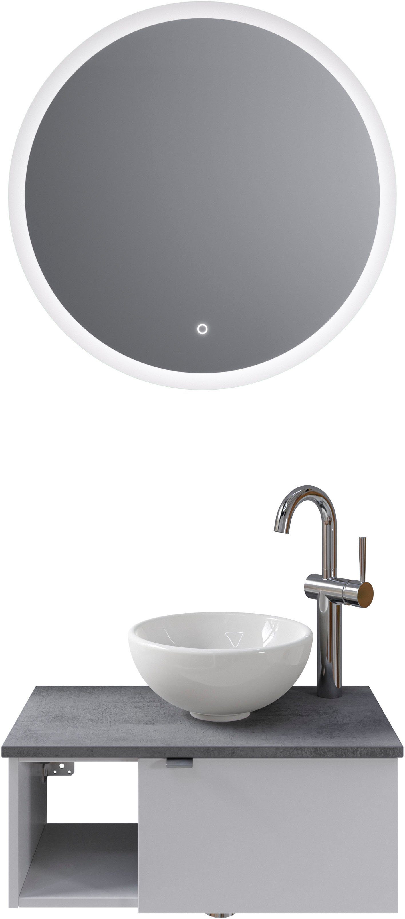 Saphir Badkamerserie Serie 6915 Gastenbadkamer, 70 cm breed, met led-spiegel, open vak en 1 deur (4-delig) badmeubelsets wit