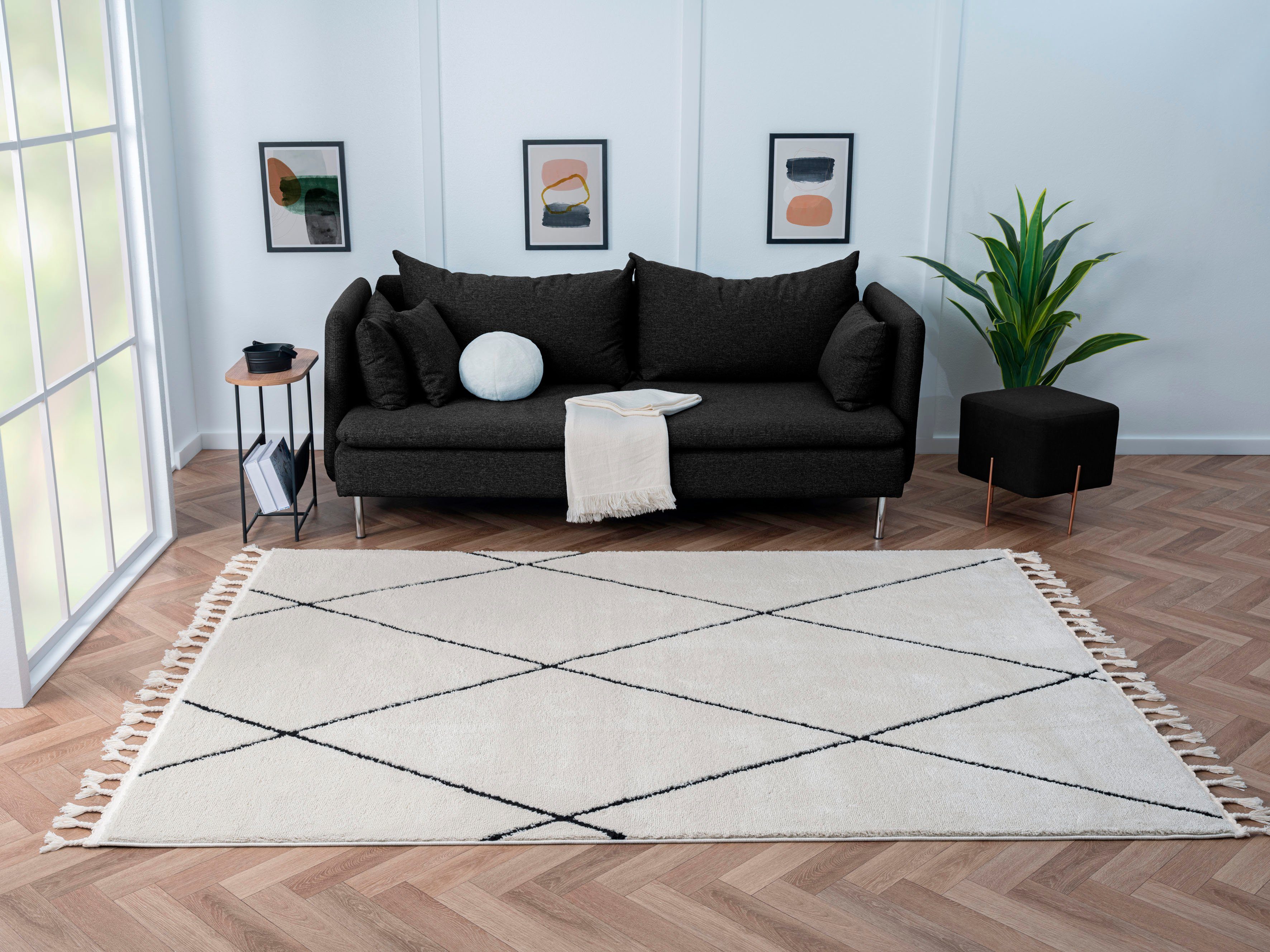 Myflair Möbel & Accessoires Hoogpolig vloerkleed Moroccan Pattern modern, marokkaans ontwerp, ruitenpatroon, zacht, met franjes