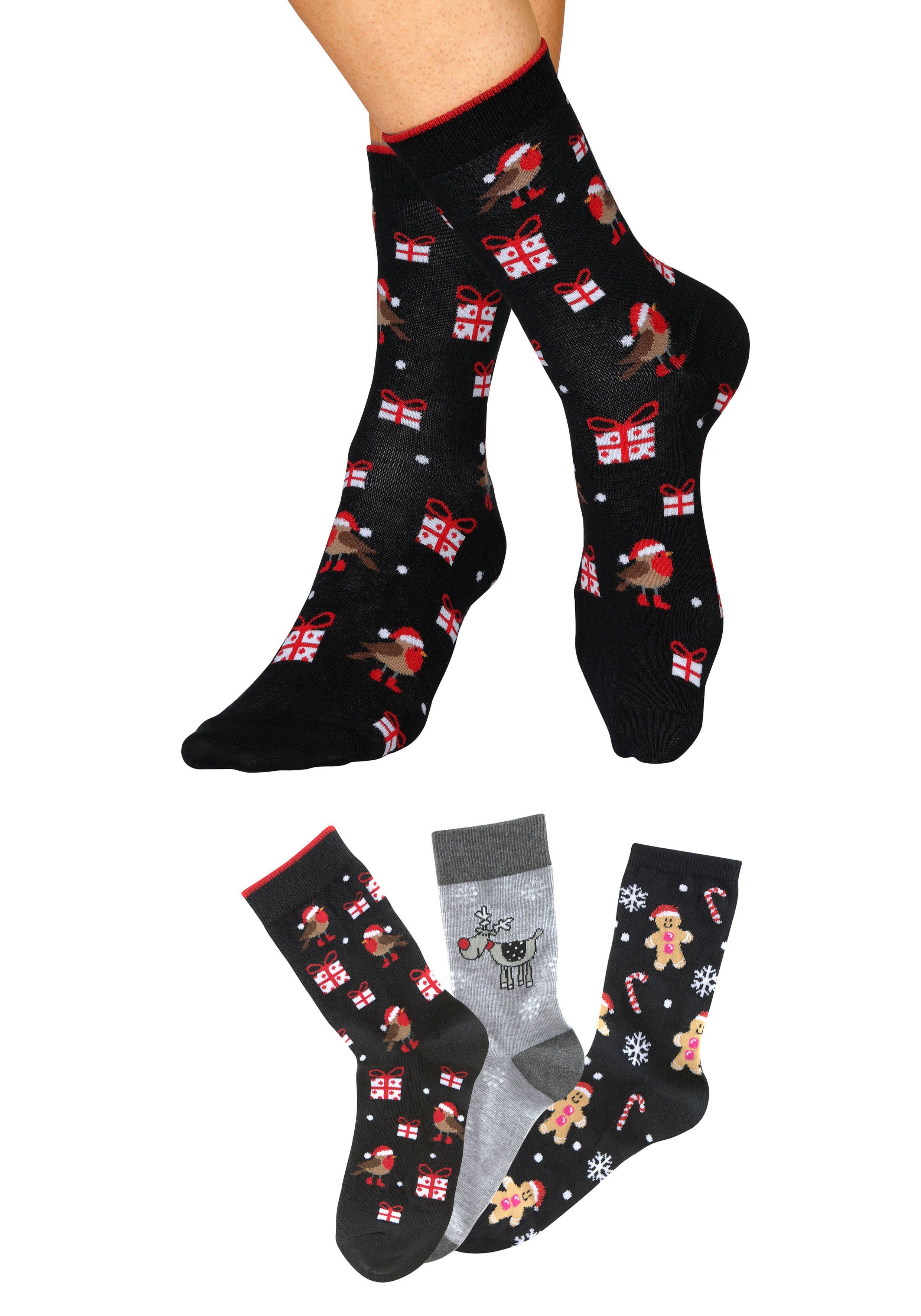 H.I.S Sokken met leuke kerstmotieven (set, 3 paar)