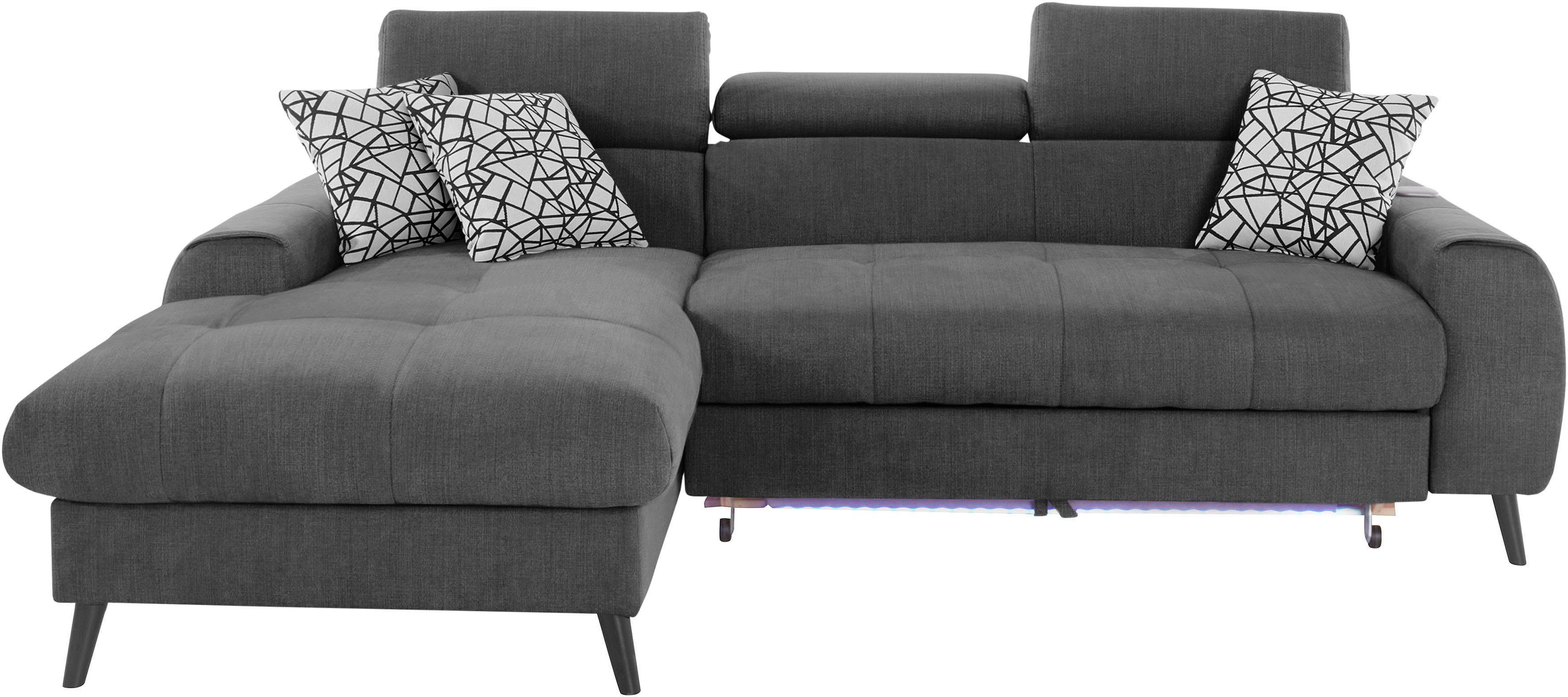 COTTA Hoekbank Mia L-vorm met 3 sierkussens keuze met bedfunctie, bedlade, verlichting & draadloze oplader