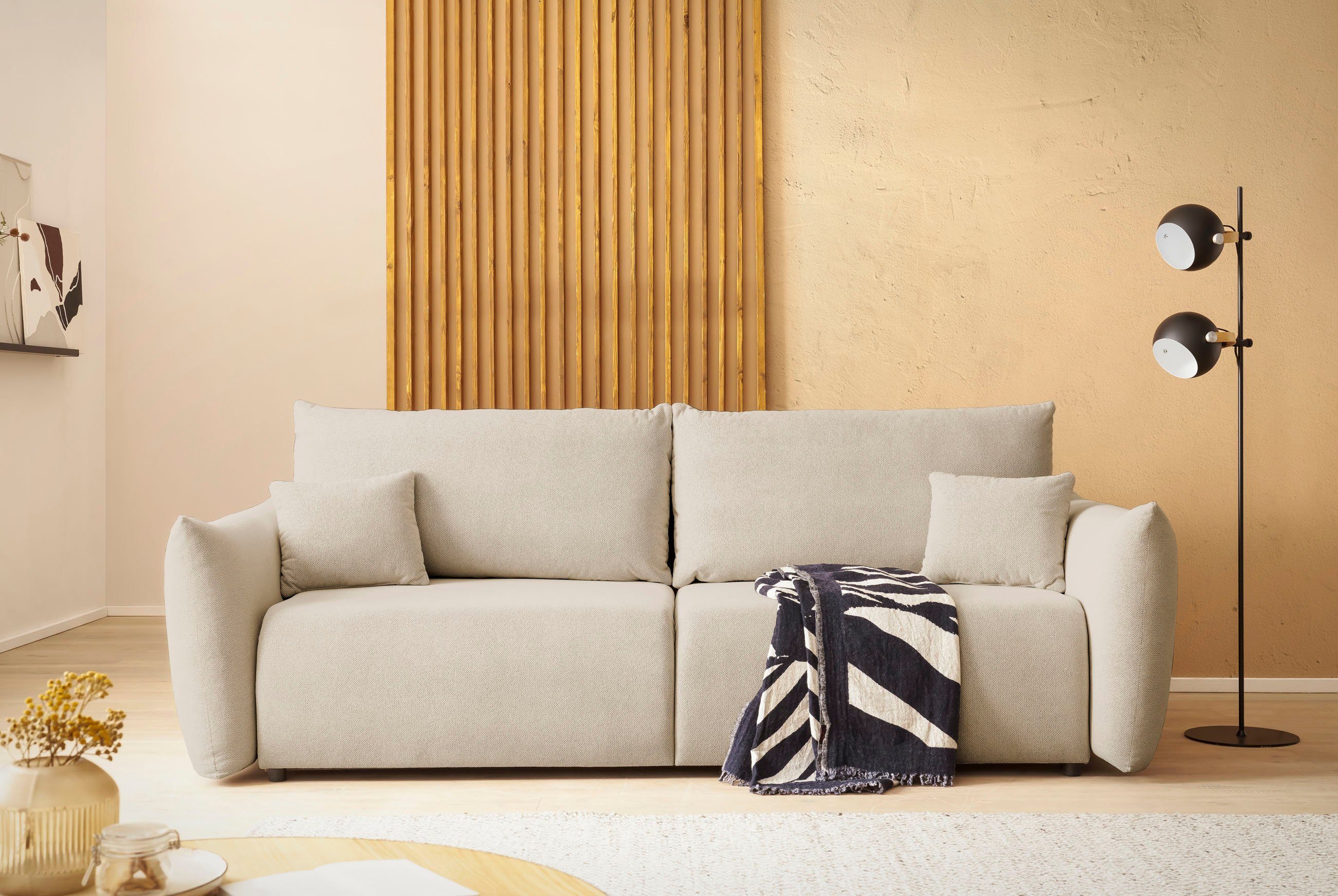 INOSIGN 3-zitsbank MAVAS slaapbank met bedlade ca. 240/108 cm (ligoppervlak 212/145 cm), ribfluweel, chenille, structuur