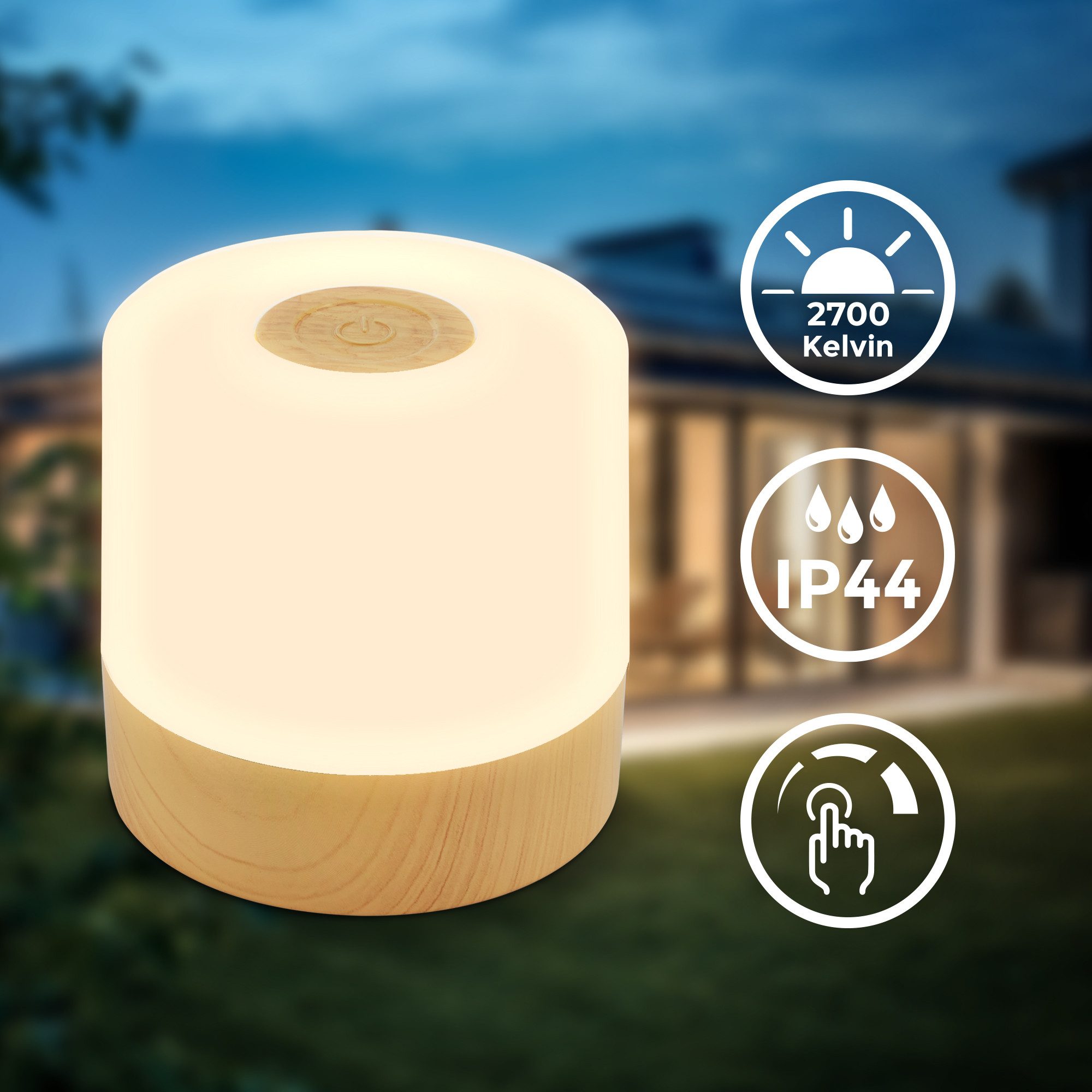 B.K.Licht Tafellamp voor buiten BK_TL1589 Accu LED tafellamp, 3-niveau touchdimmer, met USB 2.700 k, 150 lm, 2w, ingebouwde batterij, ip44, 7x7 cm, houtkleur (1 stuk)